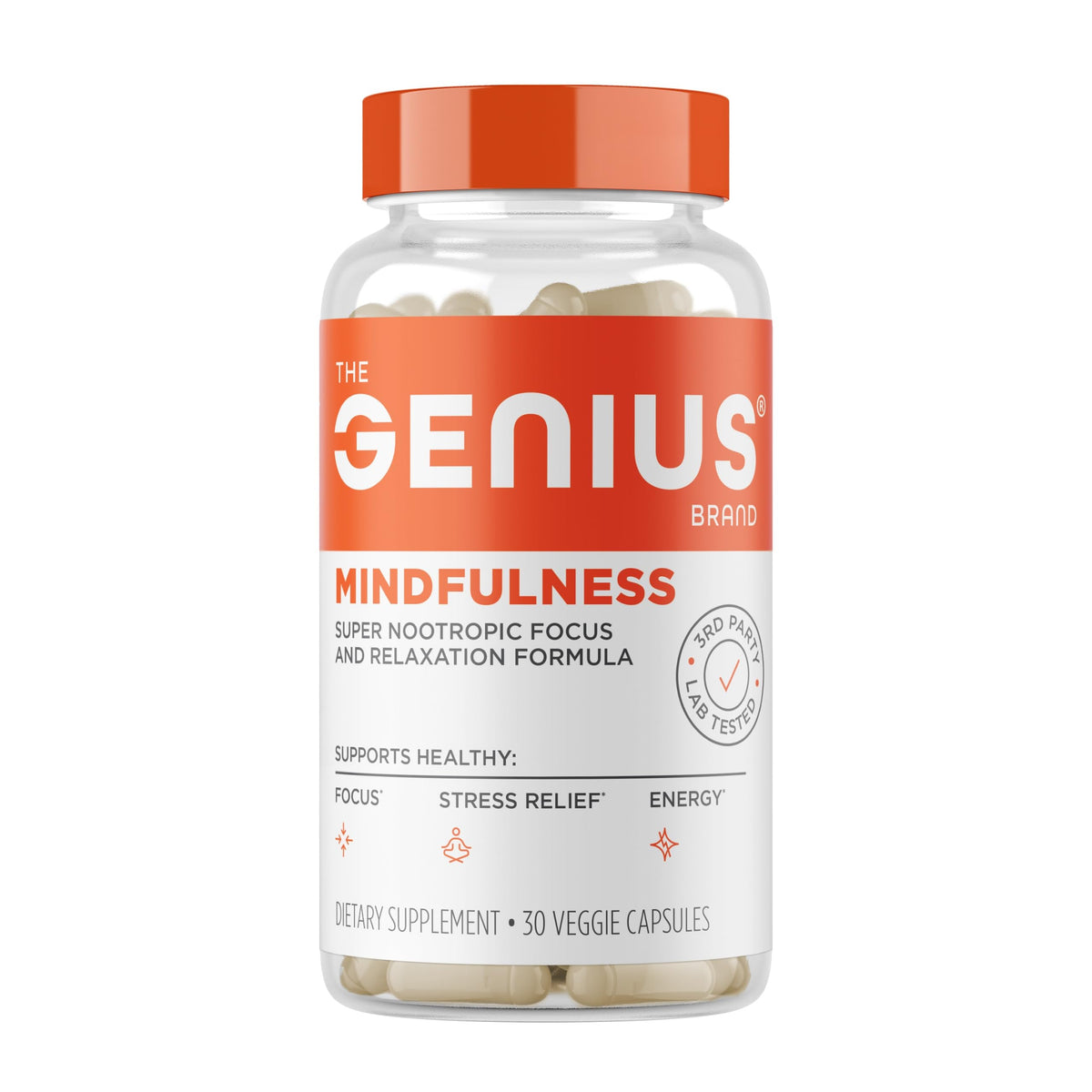 The Genius Brand Genius Mindfulness, botella de cápsulas para mayor claridad mental.