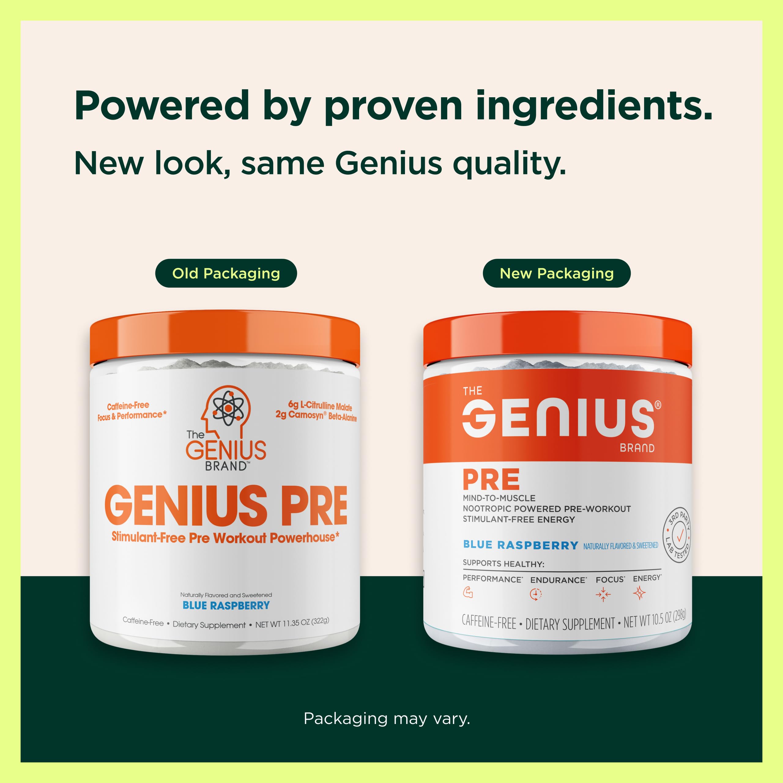 Etiqueta de Genius Pre muestra sabor natural y beneficios de enfoque