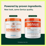 Etiqueta de Genius Pre muestra sabor natural y beneficios de enfoque