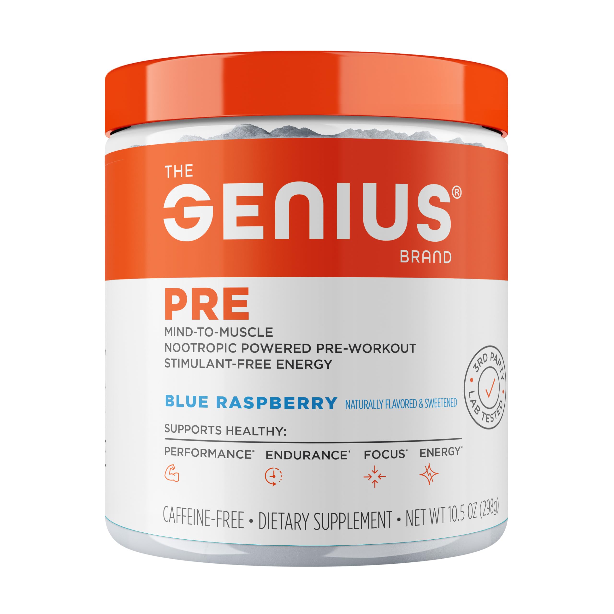 Genius Pre en lata azul frambuesa para energía limpia y enfoque