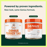 Etiqueta del producto Genius Turkey Tail con origen orgánico y trazabilidad de calidad.
