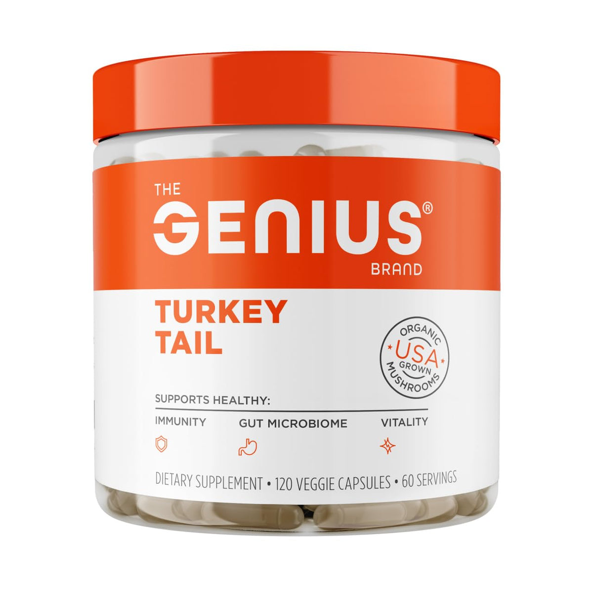 Frasco frontal Genius Turkey Tail; posible apoyo al sistema inmune.