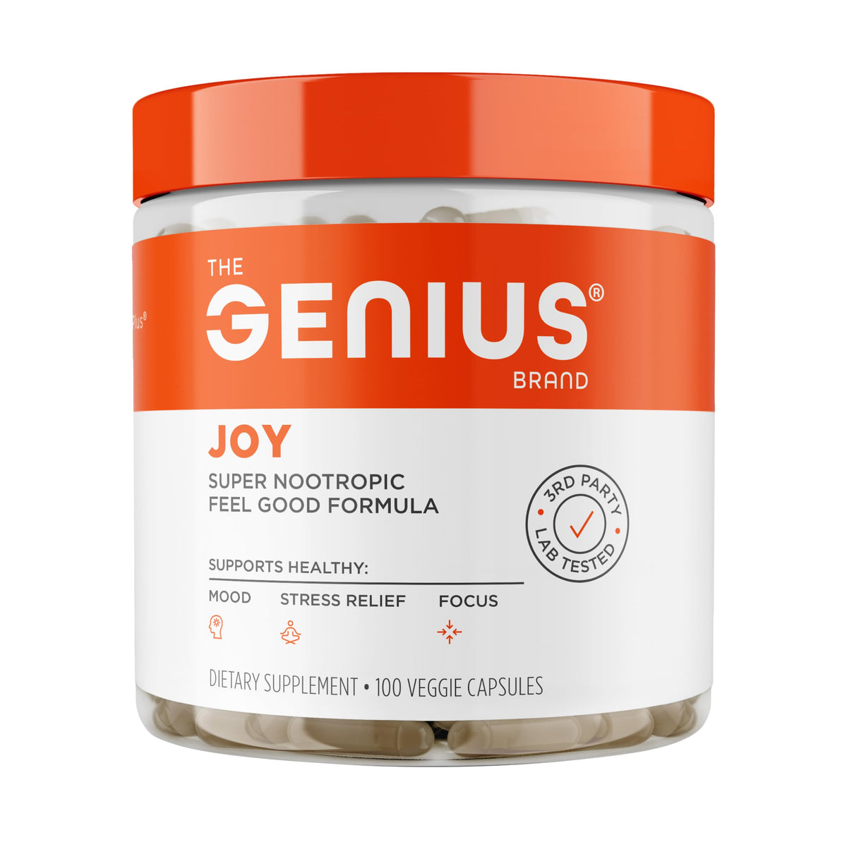 Genius Joy: botella de cápsulas vegetales para enfoque diario.
