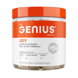 Genius Joy: botella de cápsulas vegetales para enfoque diario.