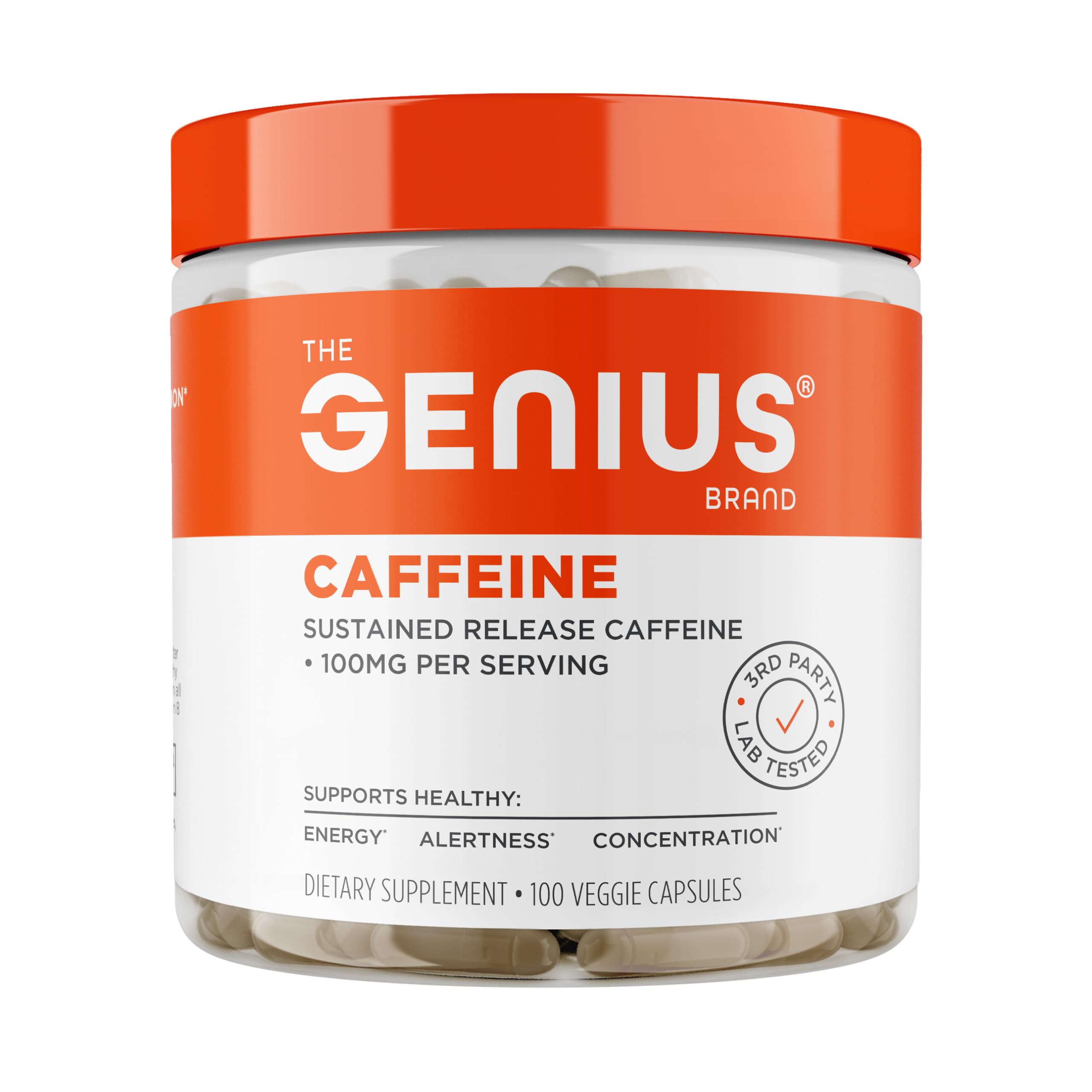 Genius Caffeine: botella frontal con etiqueta clara para energía sostenida.