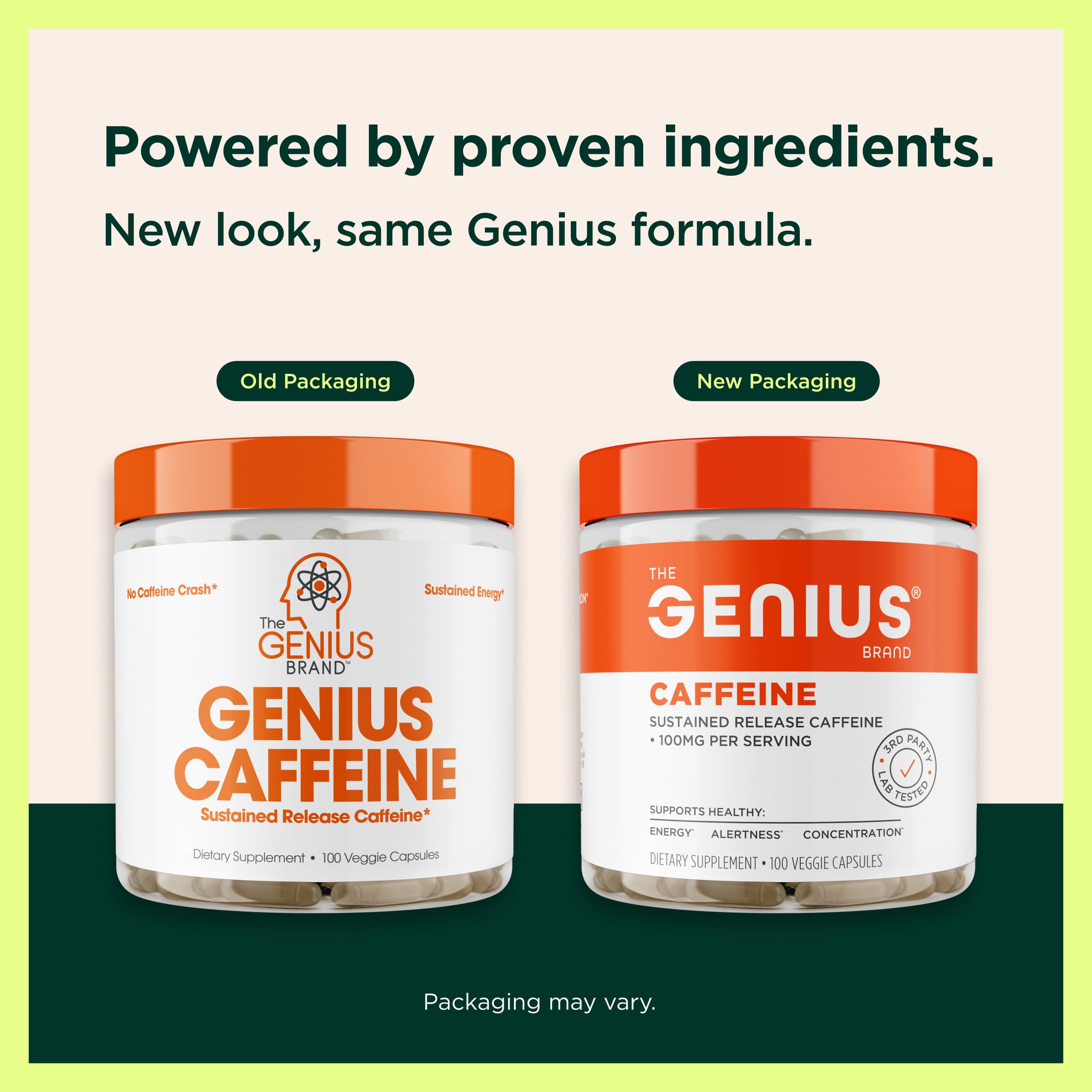 Genius Caffeine: cápsulas dentro de la caja para consumo preciso y energía estable.
