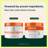 Genius Electrolytes Naranja Fizz con cuchara medidora para dosificar fácilmente.