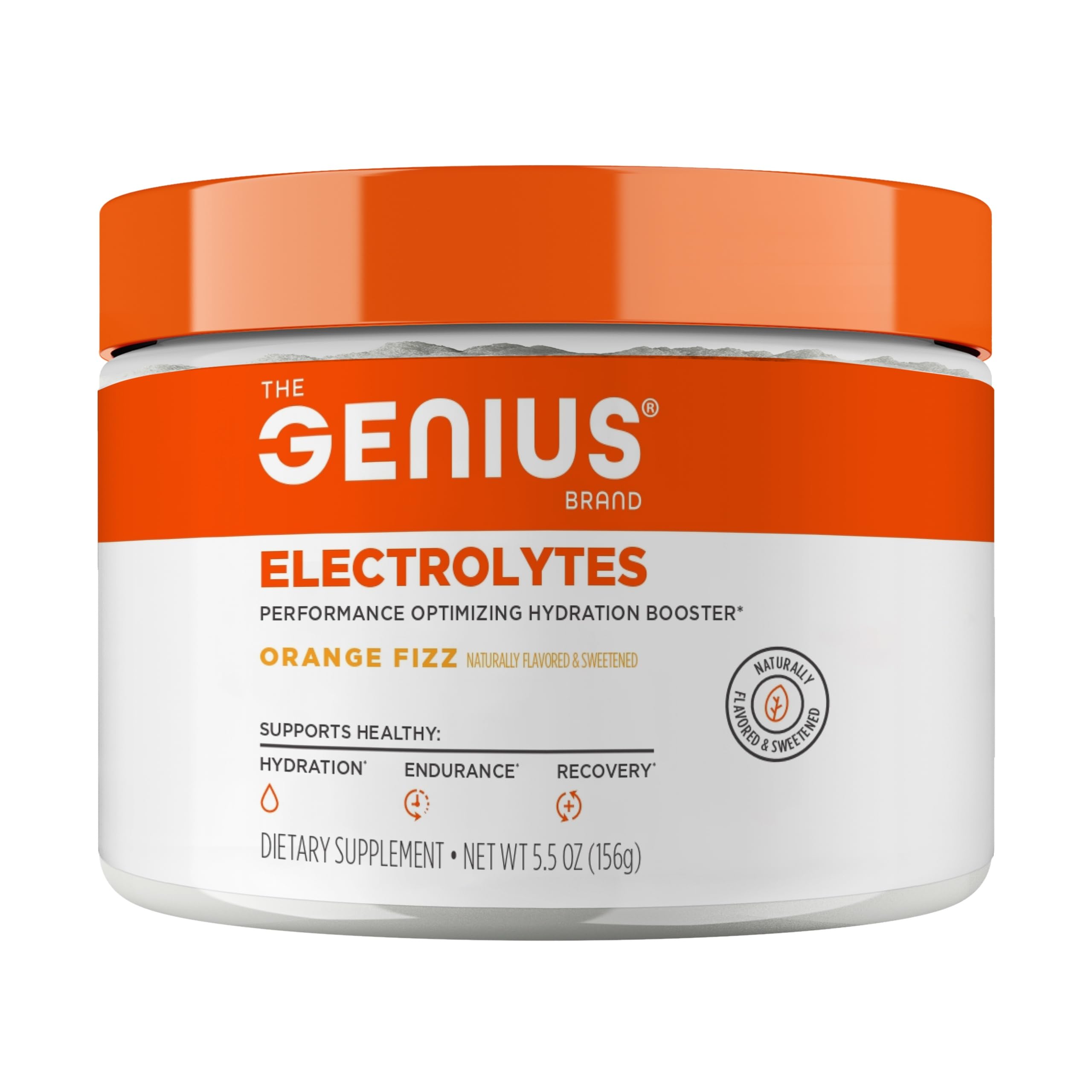 Genius Electrolytes Naranja Fizz en pote para hidratación durante entrenamientos.