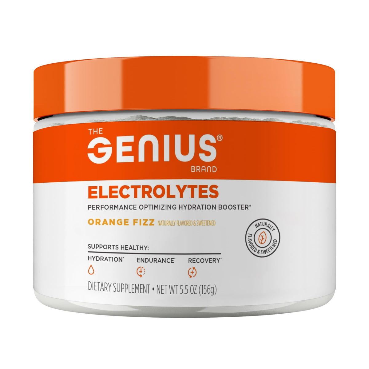 Genius Electrolytes Naranja Fizz en pote para hidratación durante entrenamientos.