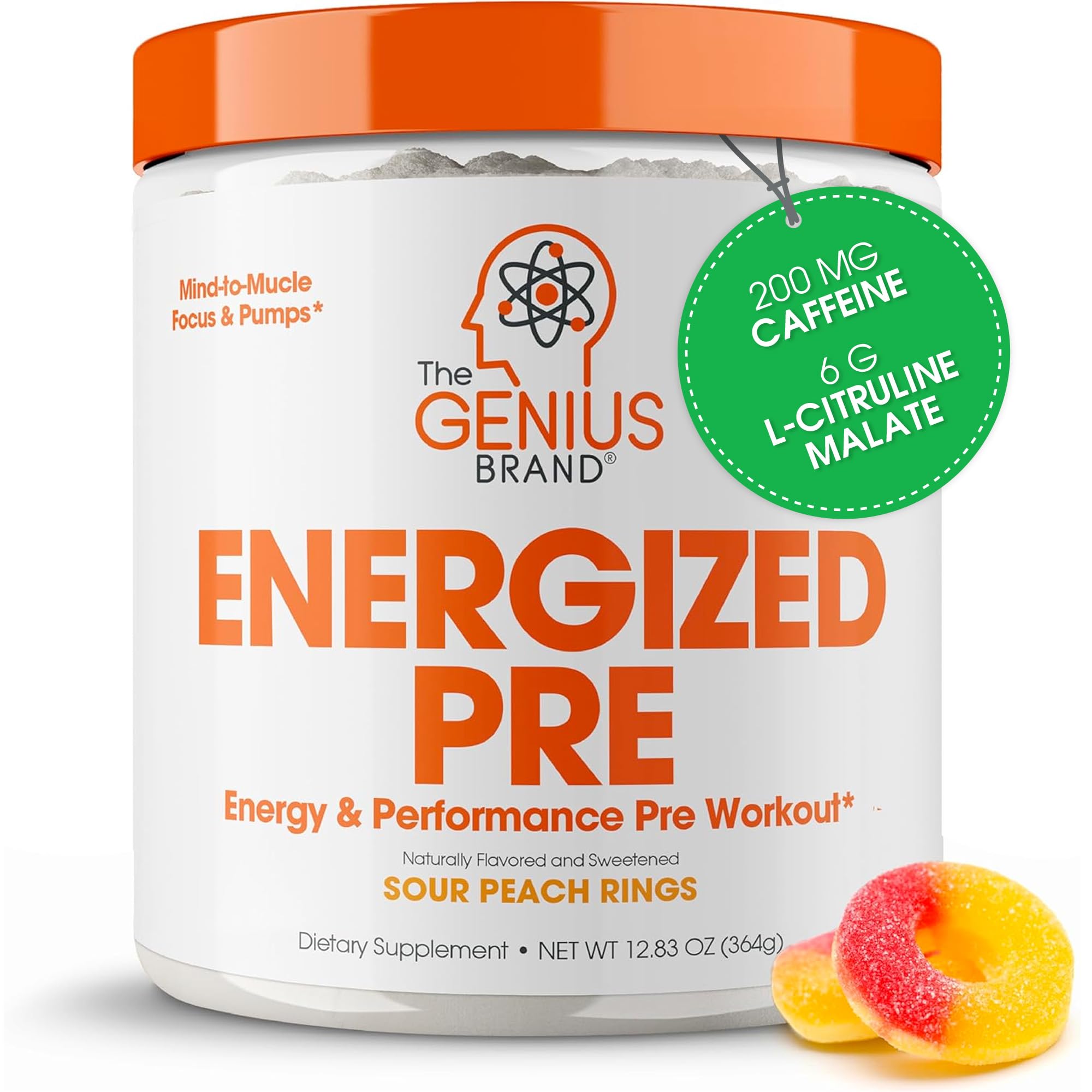 Genius Energized Pre, envase frontal, energía sostenida para entrenamientos intensos.