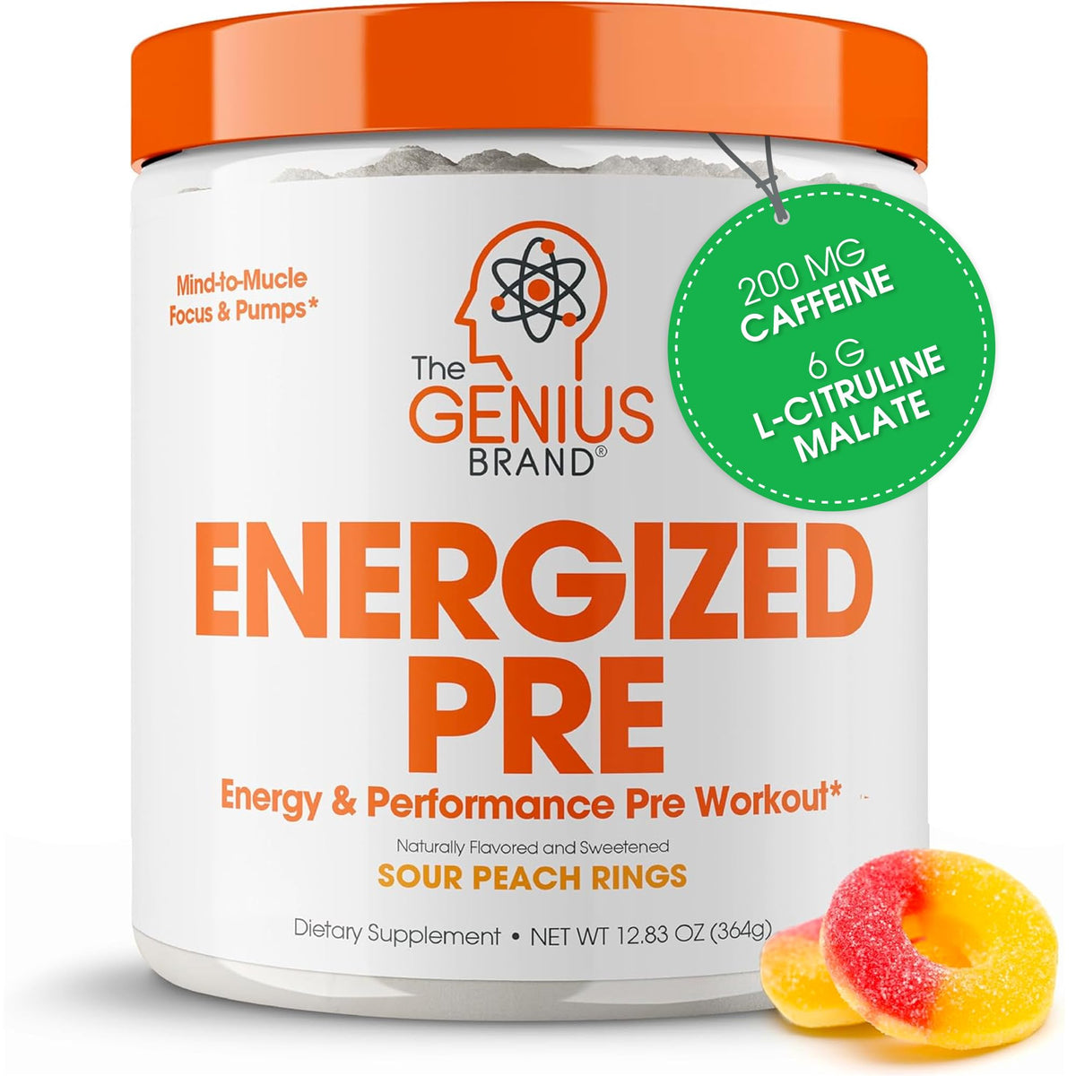 Genius Energized Pre, envase frontal, energía sostenida para entrenamientos intensos.