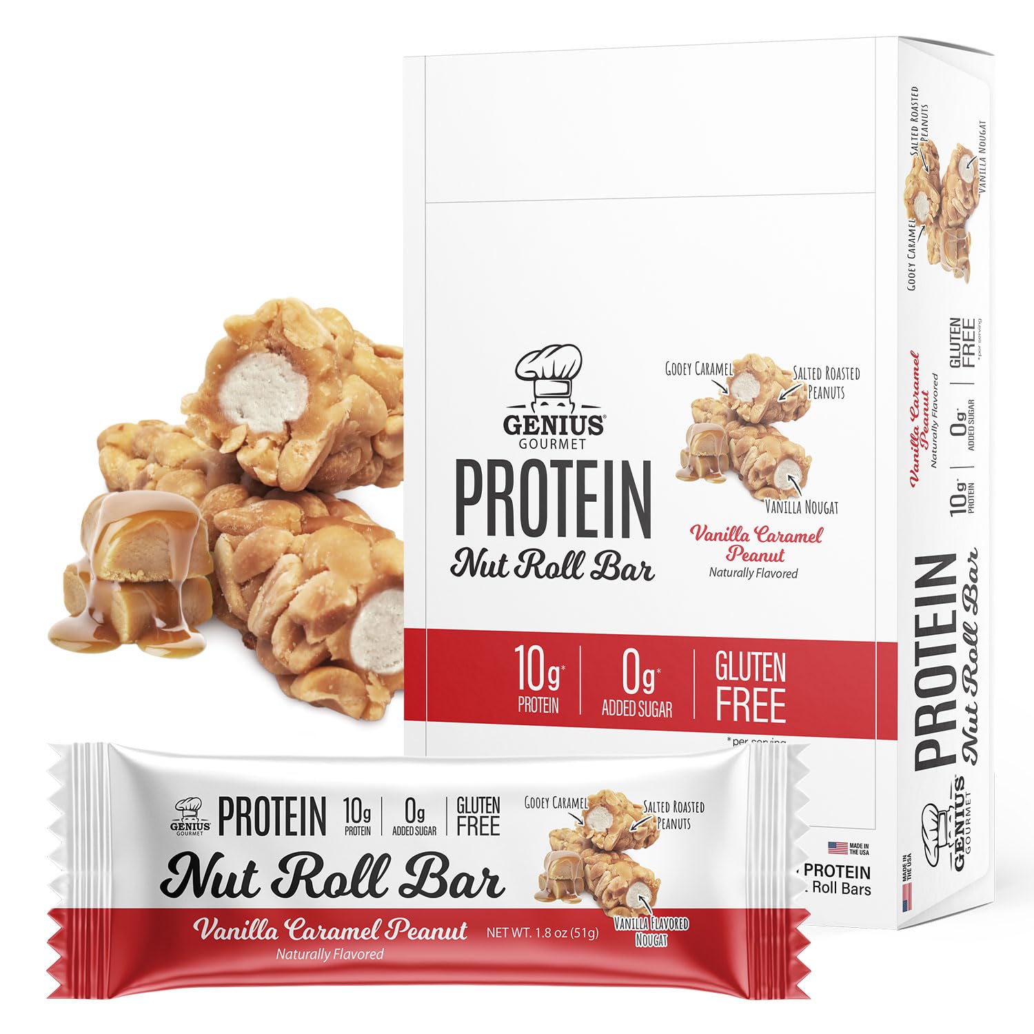 Genius Gourmet Nut Roll Bar vainilla caramelo, snack proteico sabroso sin azúcar añadido