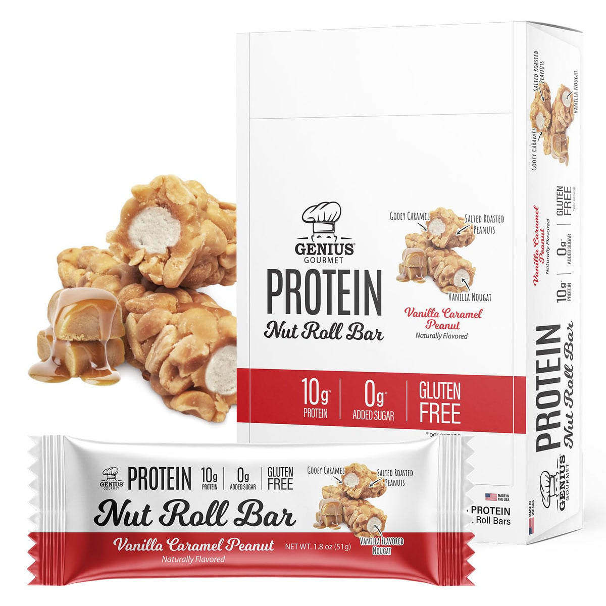 Genius Gourmet Nut Roll Bar vainilla caramelo, snack proteico sabroso sin azúcar añadido