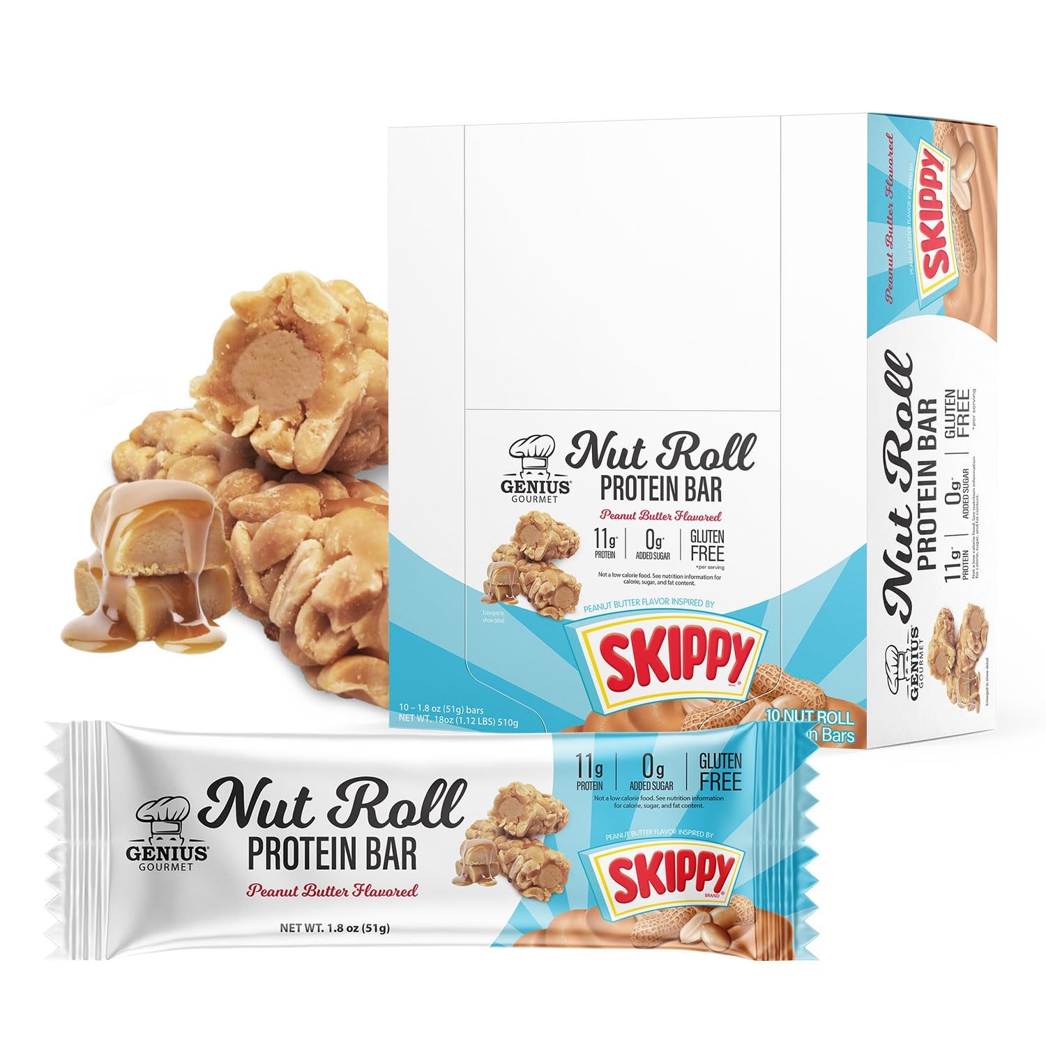 Genius Gourmet SKIPPY barra envase: snack proteico práctico para llevar.