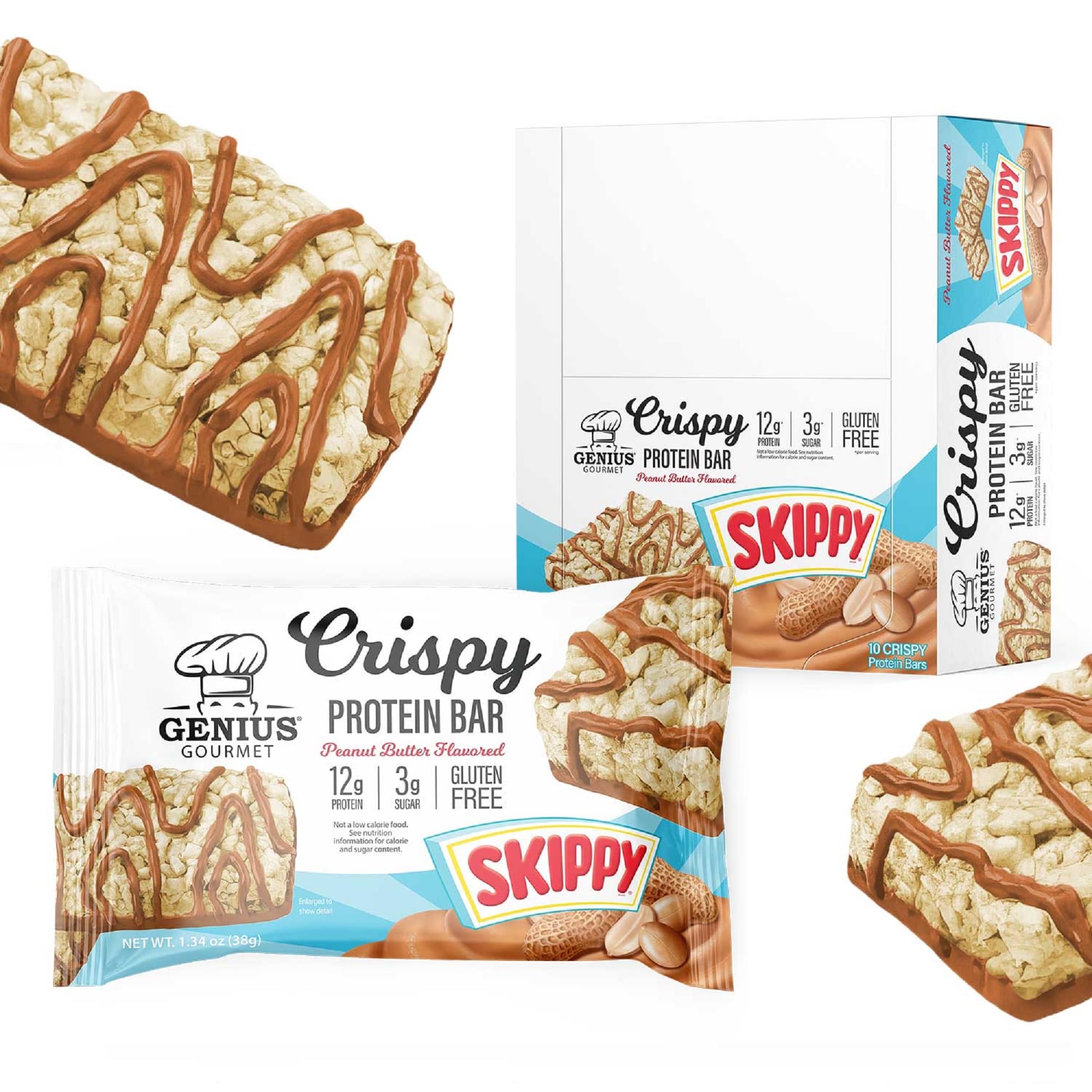 Barra proteica crujiente Genius Gourmet Skippy en la mano, snack rápido.