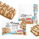 Barra proteica crujiente Genius Gourmet Skippy en la mano, snack rápido.
