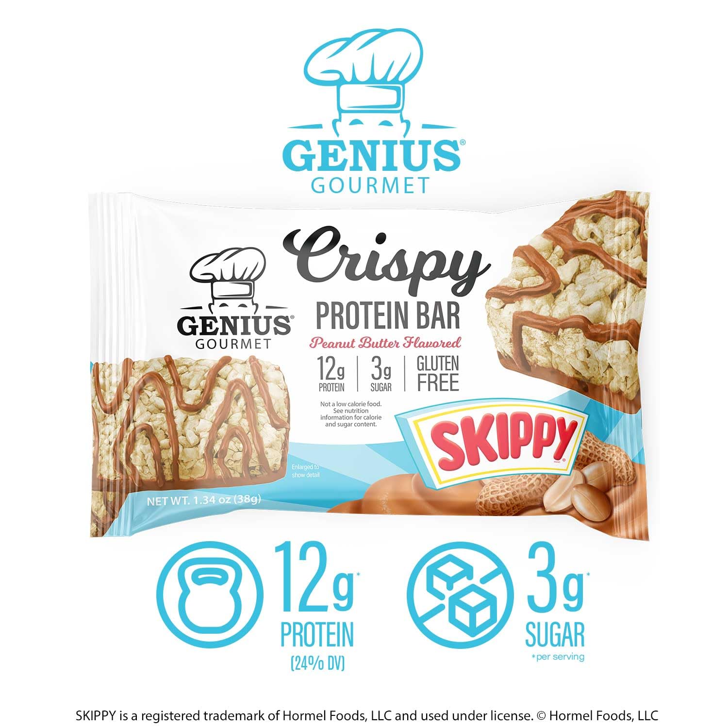 Barra proteica Genius Gourmet Skippy lista para lonchera escolar.