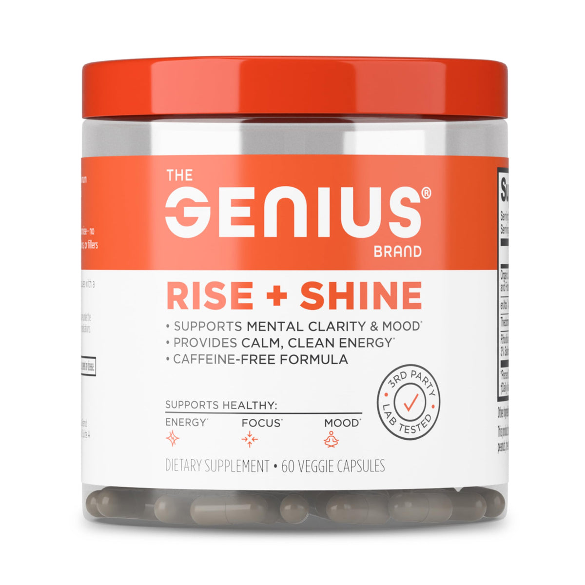 Genius Rise+Shine: botella frontal, energía clara sin cafeína para empezar el día.