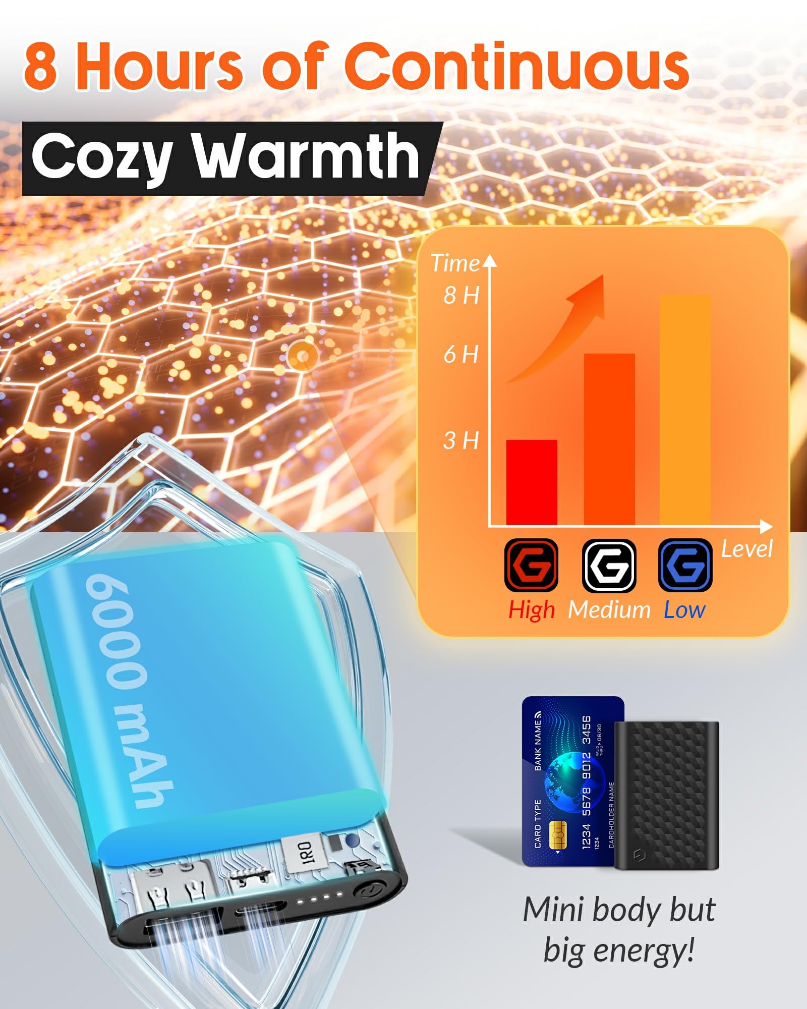 Batería integrada de 6000 mAh en la bufanda Genovega para horas de calor.