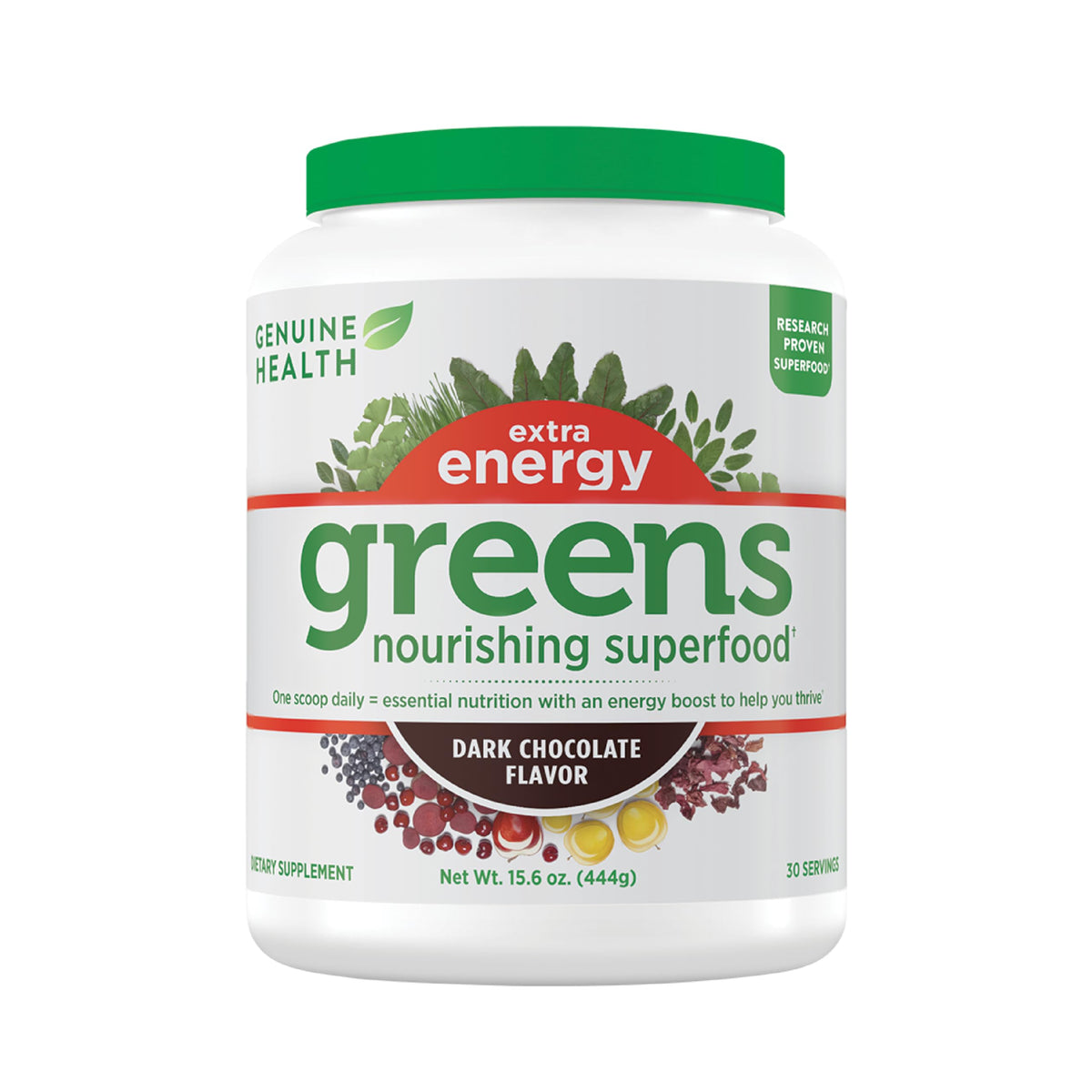 Genuine Health Greens + Extra Energy, bote de polvo para energía sostenida.