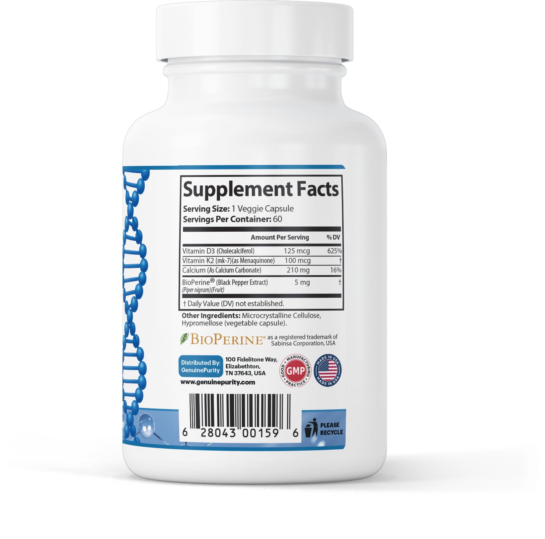 GenuinePurity frasco con cápsulas liposomales que protegen nutrientes en la digestión.