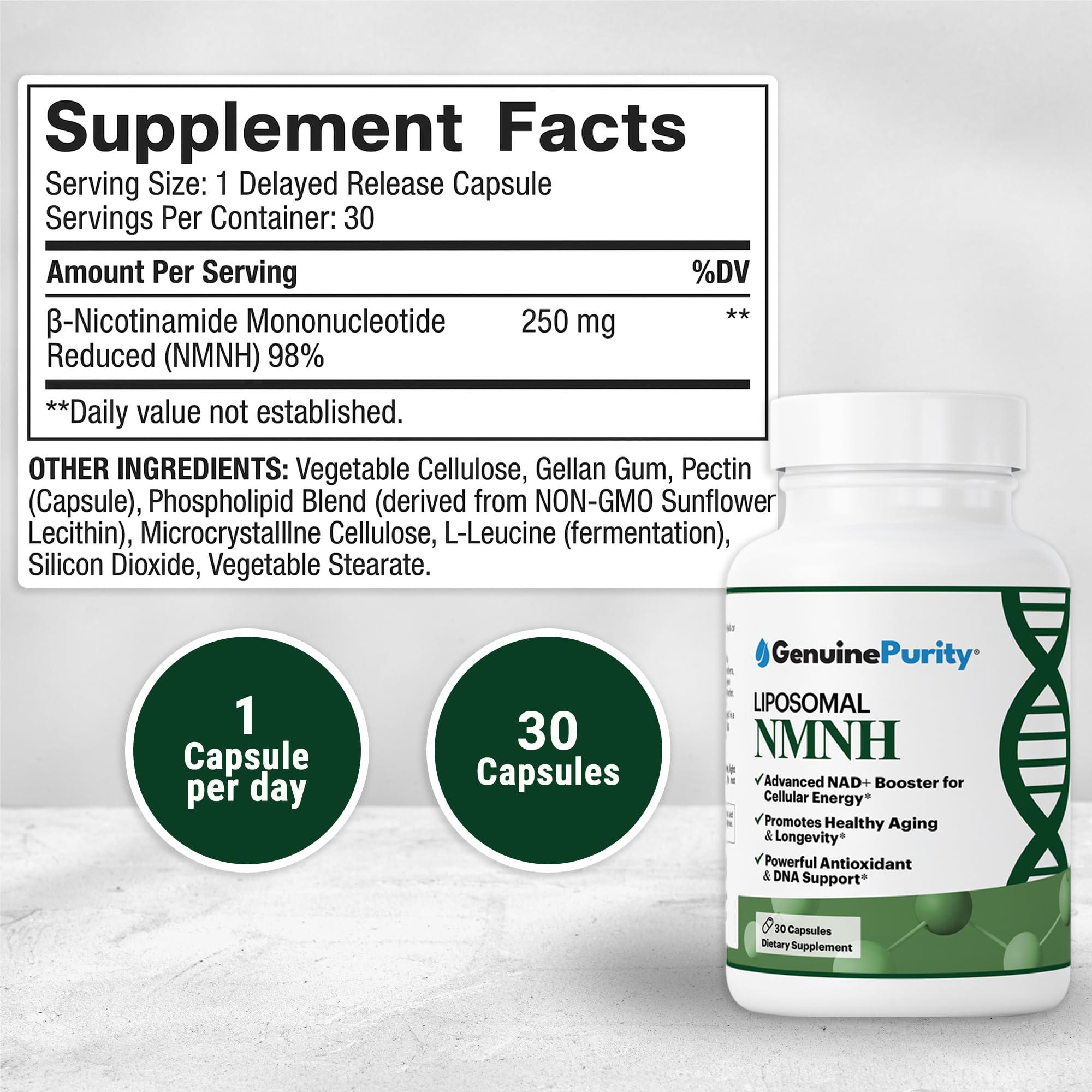 GenuinePurity NMNH, cápsulas cercanas, absorción eficiente para bienestar diario