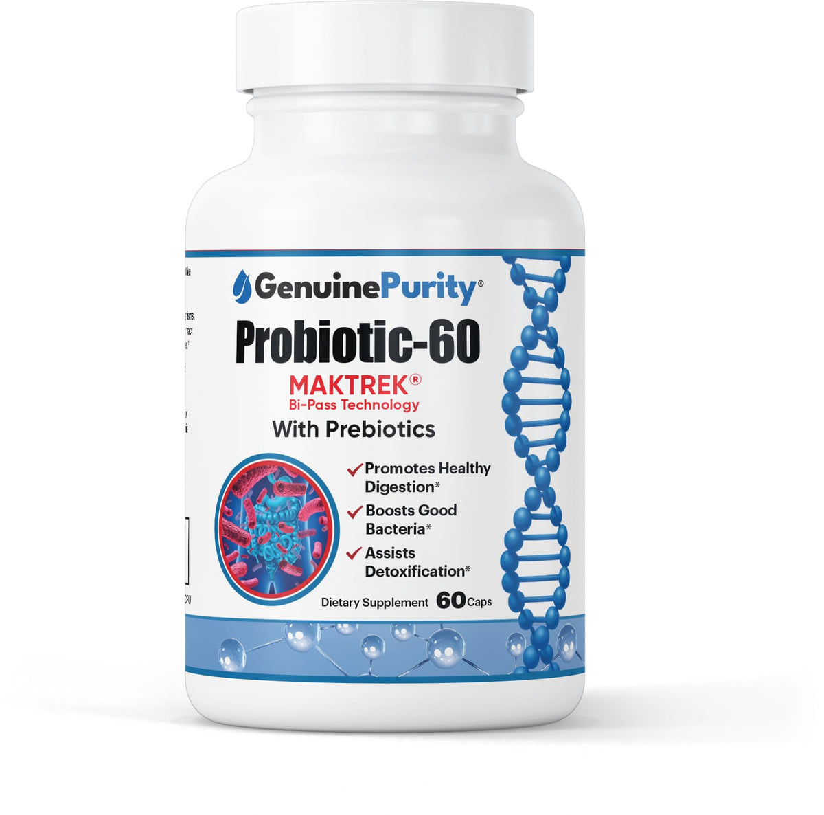 GenuinePurity probiótico 60 mil millones, botella: soporte diario para equilibrio digestivo.