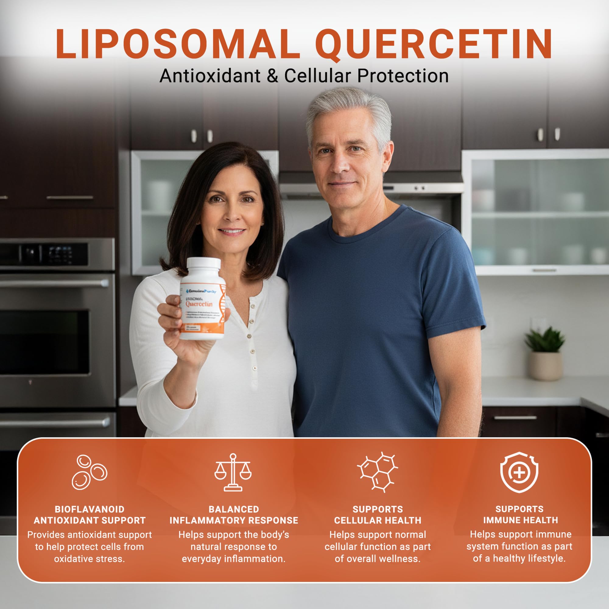 GenuinePurity Quercetina liposómica, etiqueta clara con información de calidad para elegir suplementos confiables.