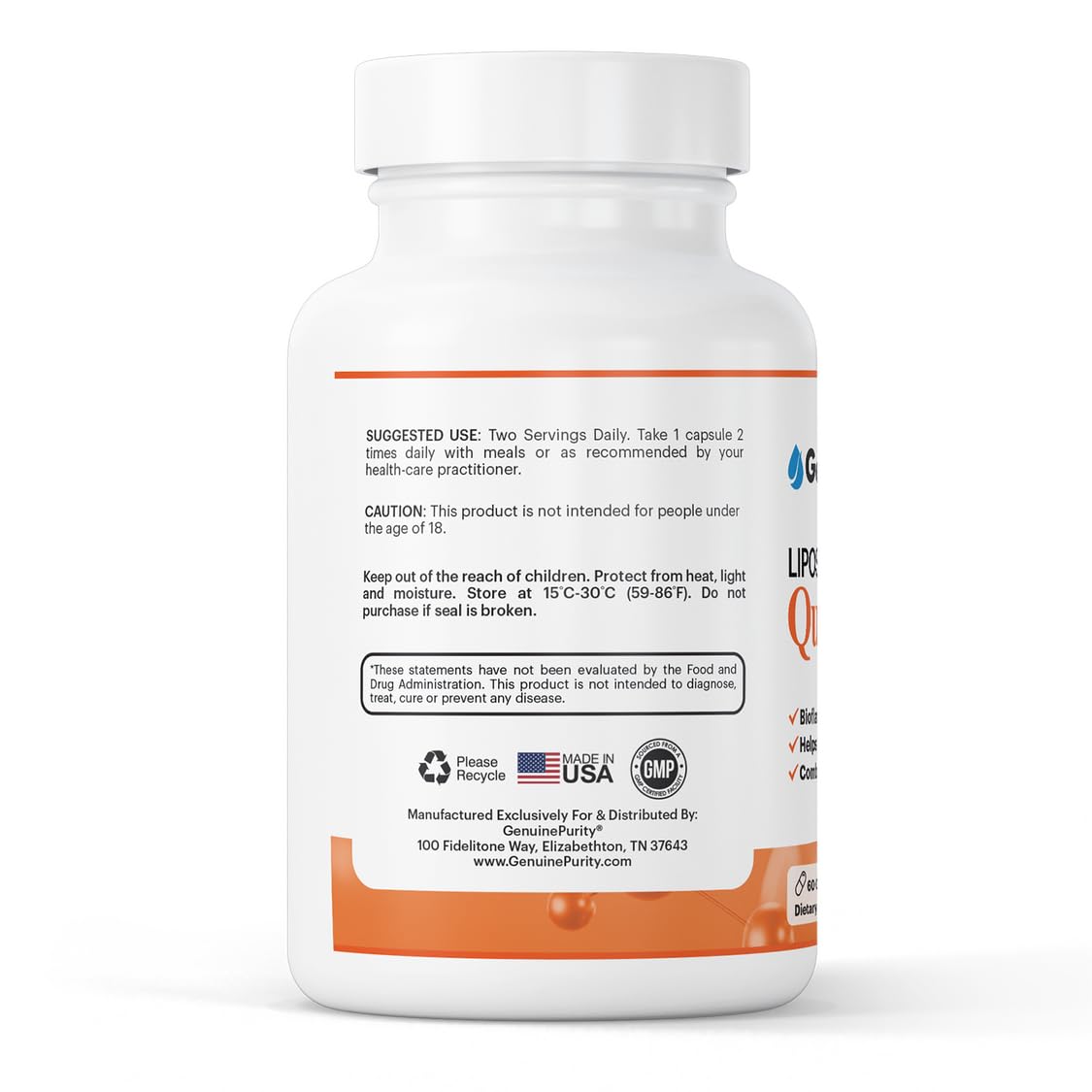 GenuinePurity Quercetina liposómica, opción vegana para mantener vitalidad en rutina diaria.