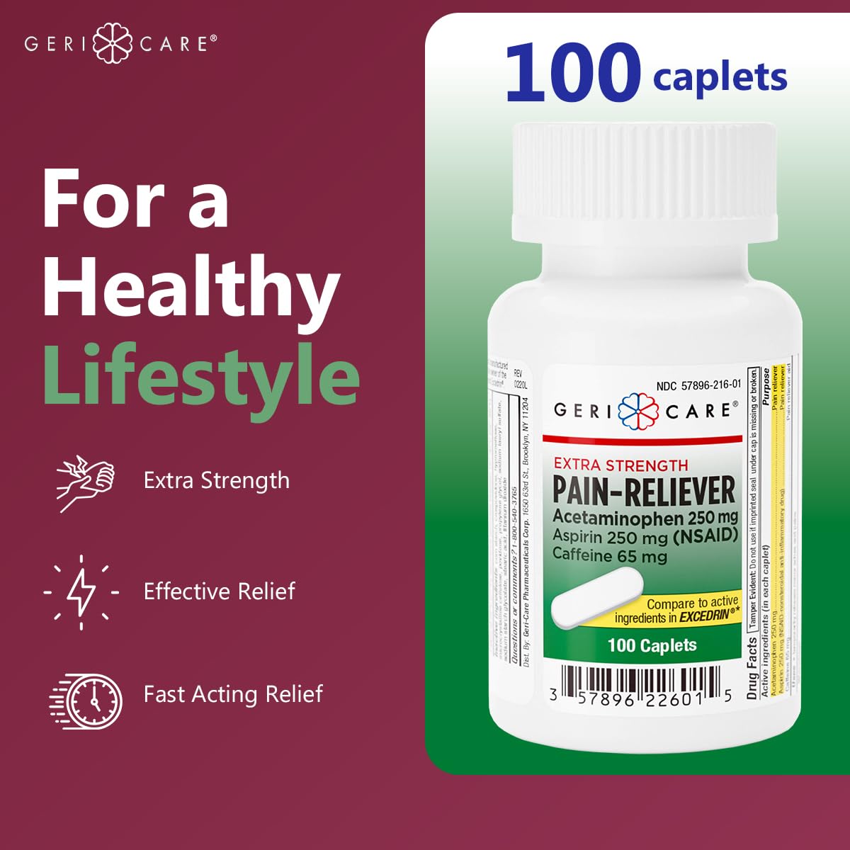 GeriCare acetaminofeno 250 mg caplets para fiebre y molestias.