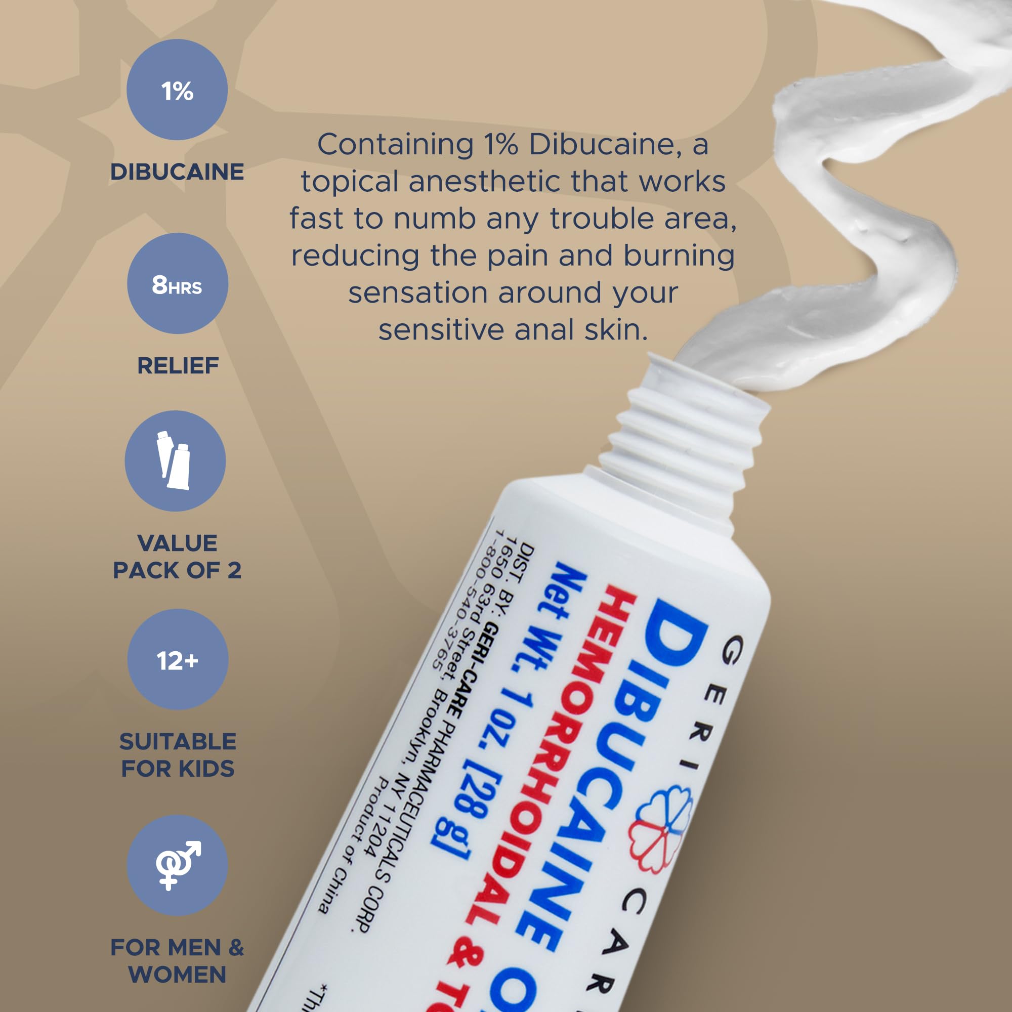 Aplicación externa de hemorroides con crema GeriCare para alivio localizado