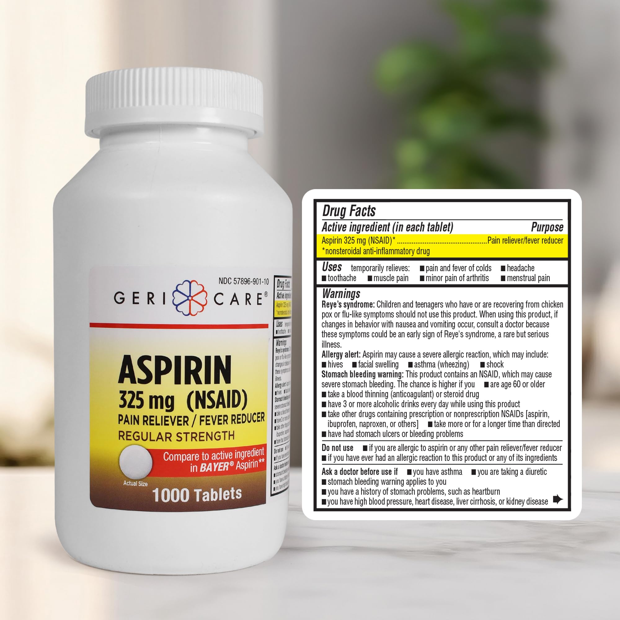 GeriCare Aspirina 325 mg: botella grande para uso familiar