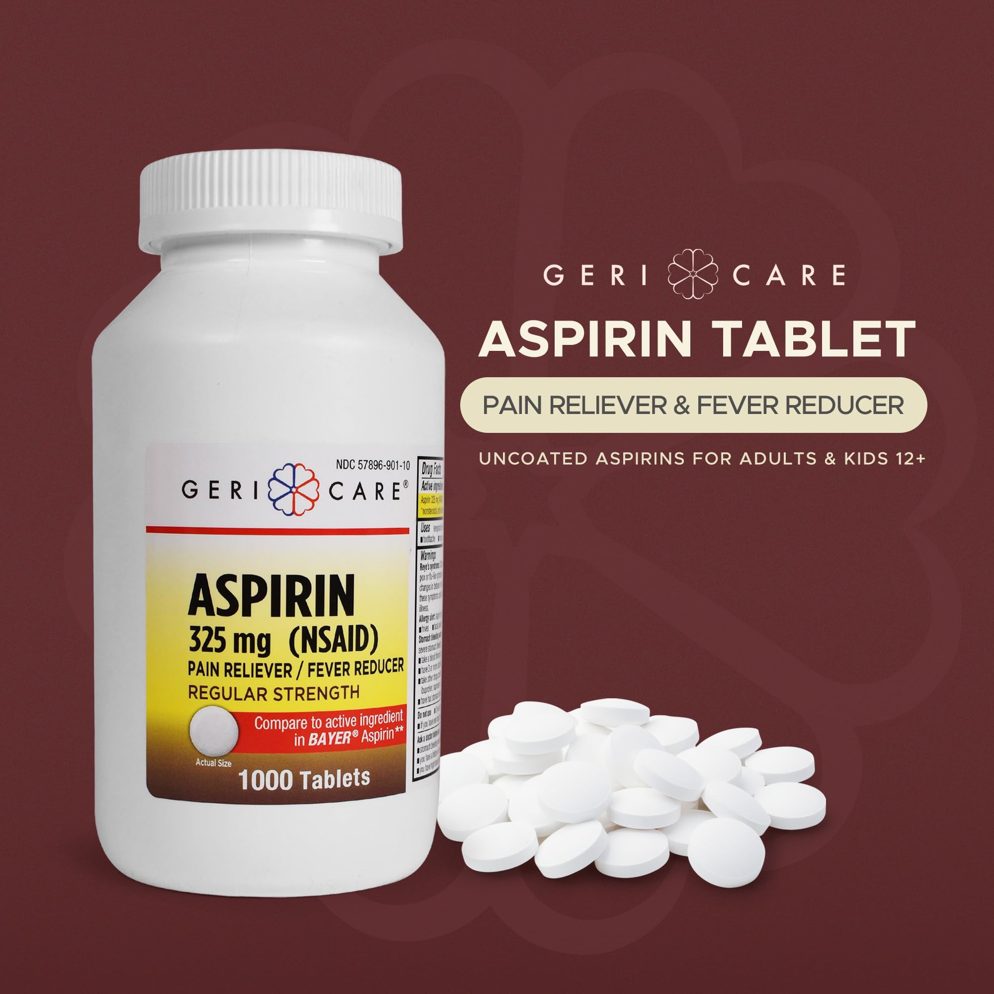 GeriCare Aspirina 325 mg: empaque de 1000 tabletas para toda la familia