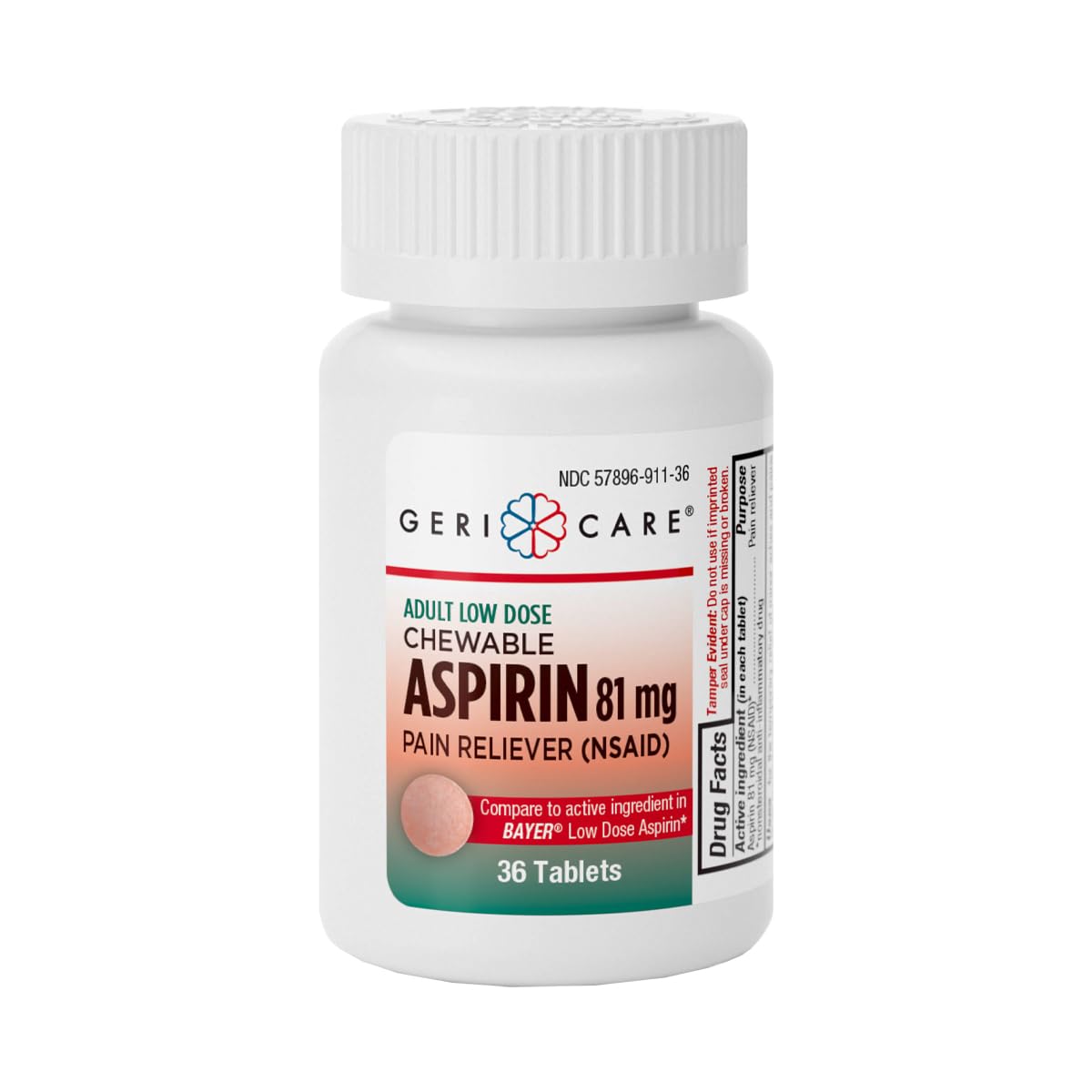 GeriCare Aspirina 81 mg para adultos, comprimidos masticables, alivia molestias leves.