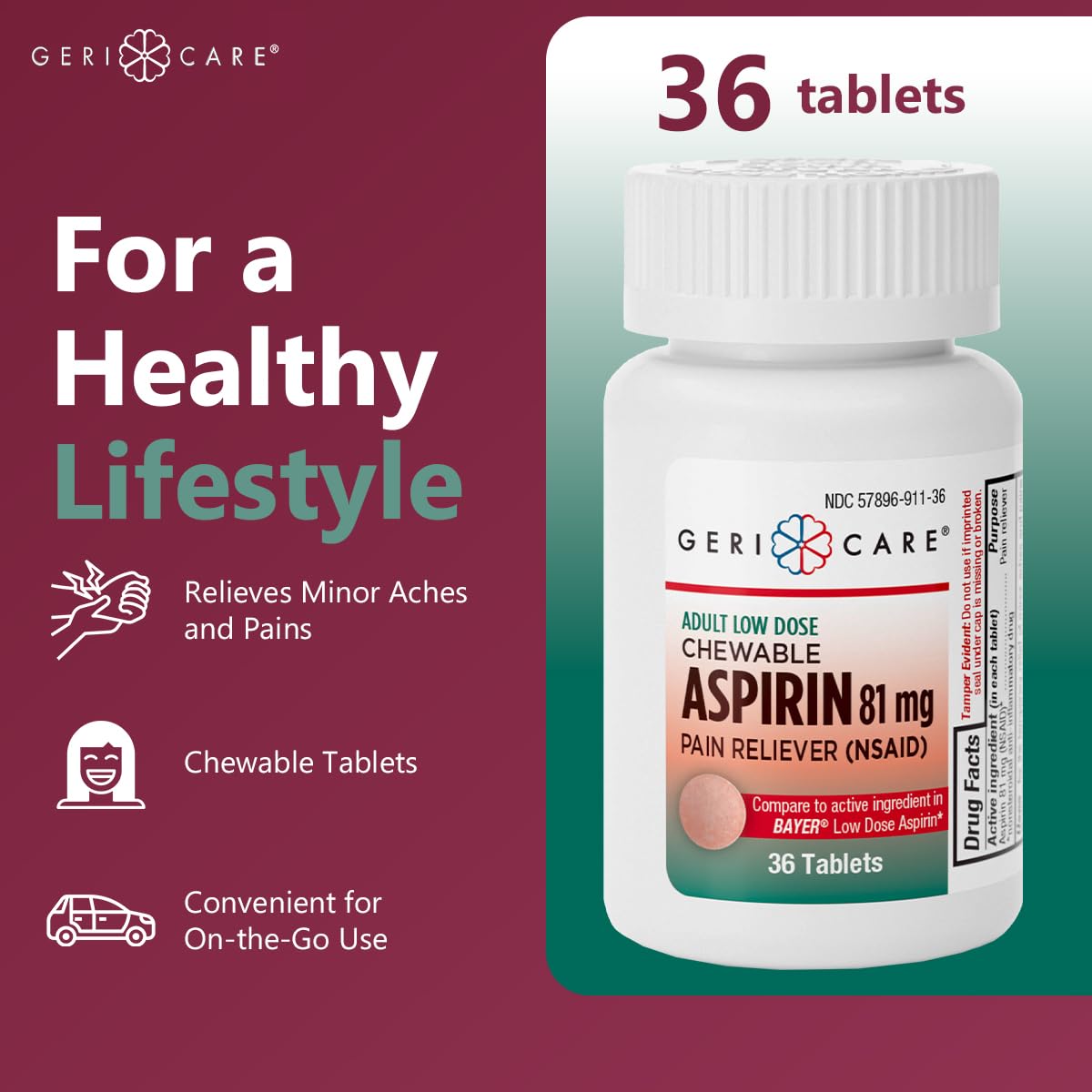 Comprimidos masticables de GeriCare 81 mg, uso práctico para dolor ocasional.