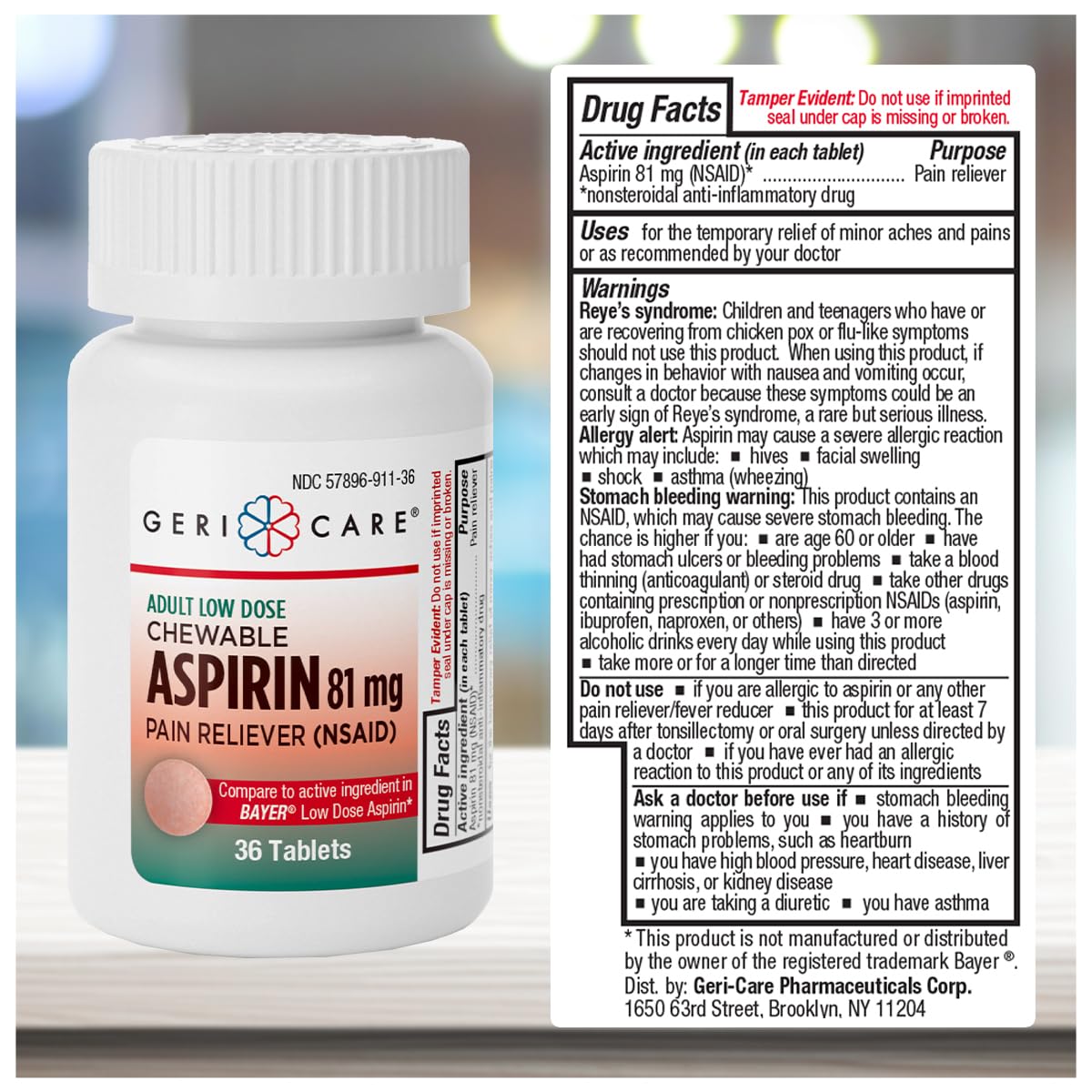 GeriCare Aspirina 81 mg para fiebre, formato masticable y fácil de consumir.