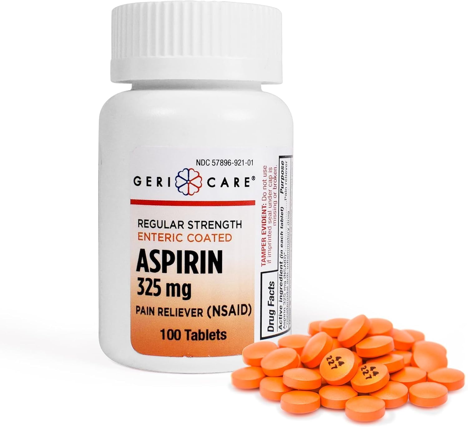 GeriCare aspirina entérica 325 mg en botella, posible alivio temporal del dolor