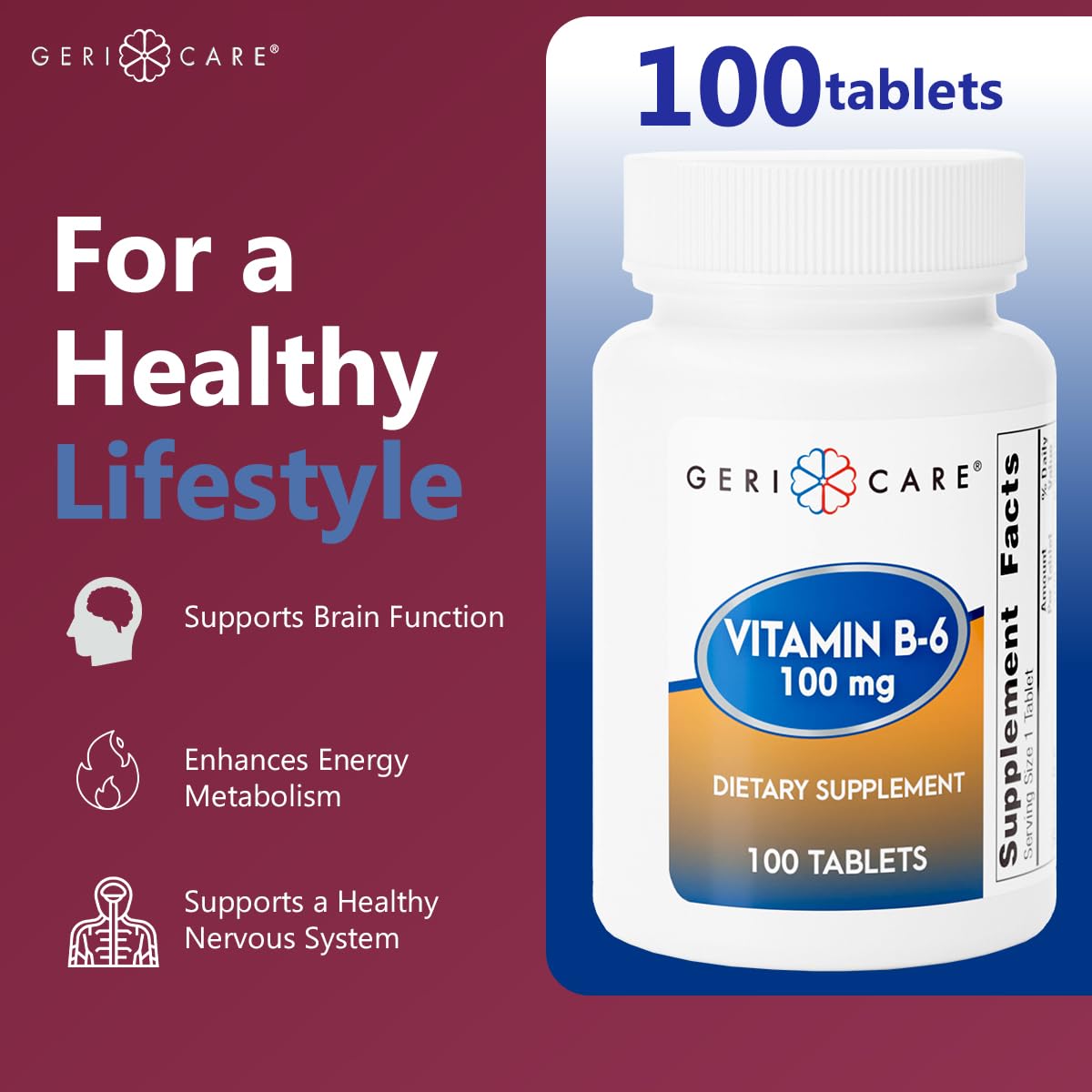 Etiqueta GeriCare B6 100 mg con instrucciones claras y uso seguro.