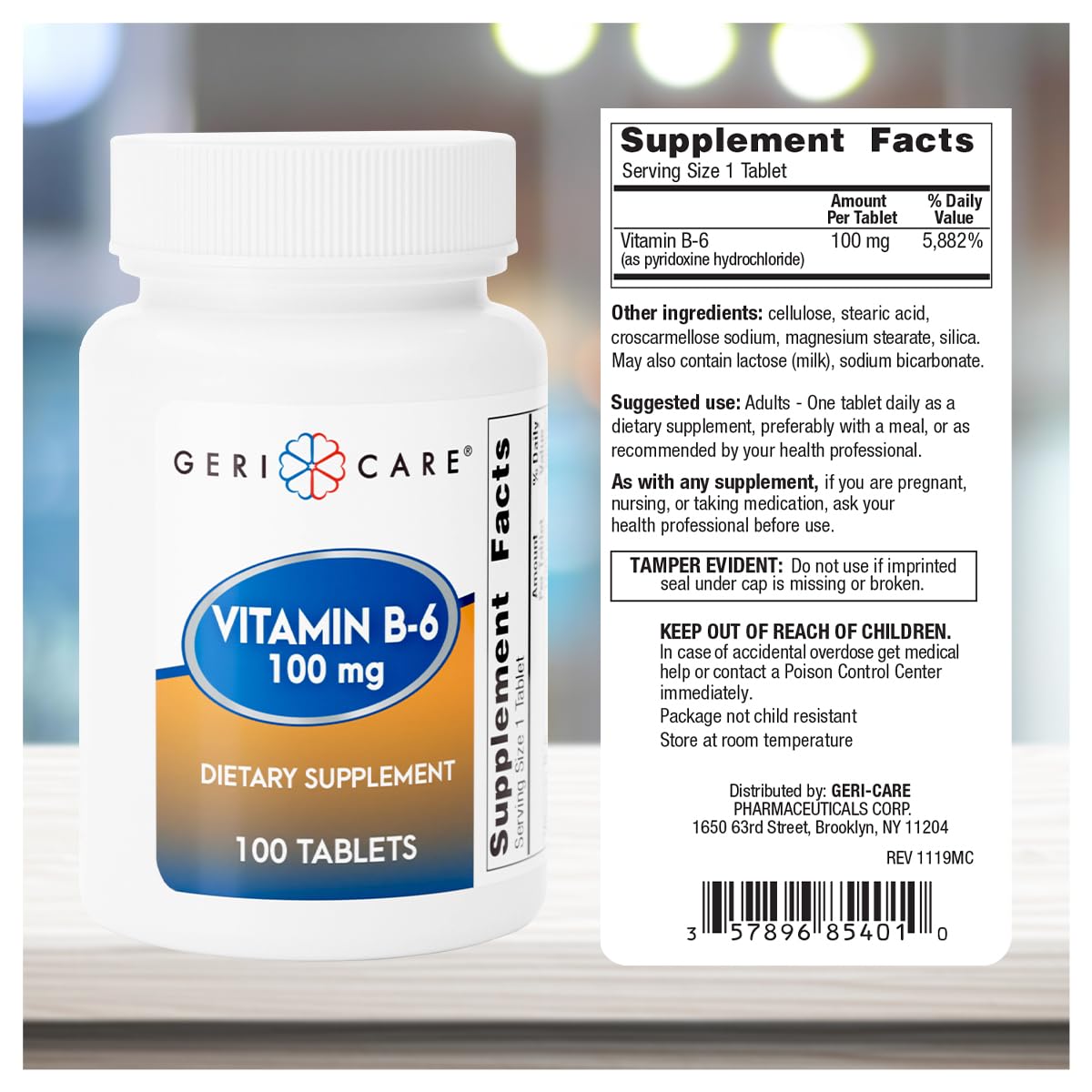 Tabletas GeriCare B6 100 mg para energía cotidiana y bienestar.