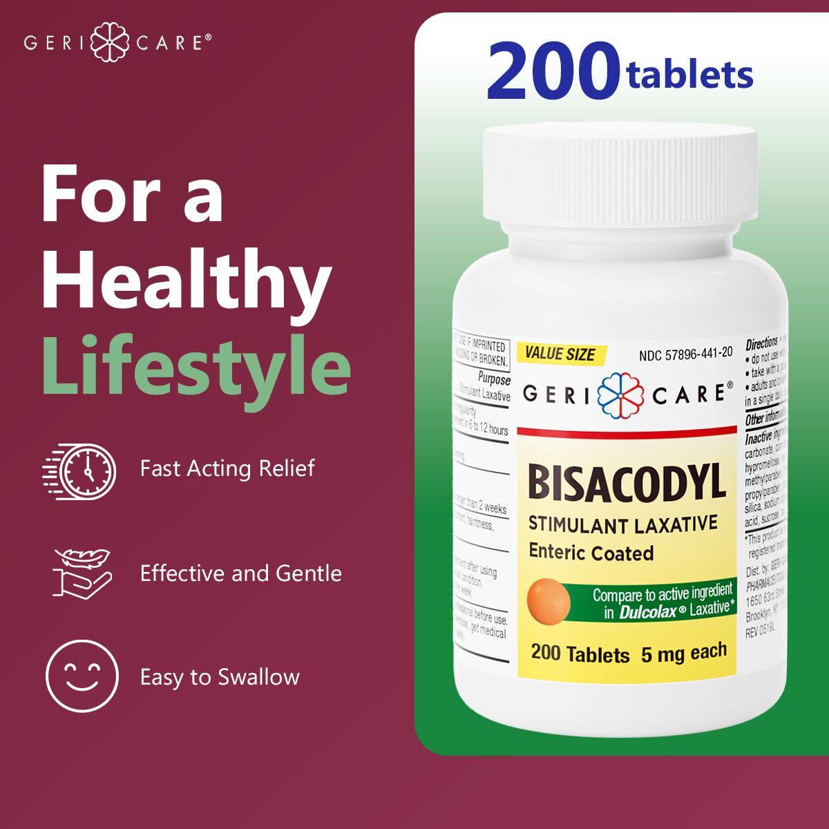 GeriCare Bisacodyl 5mg, botella de 200 tabletas para suministro prolongado.