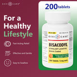 GeriCare Bisacodyl 5mg, botella de 200 tabletas para suministro prolongado.