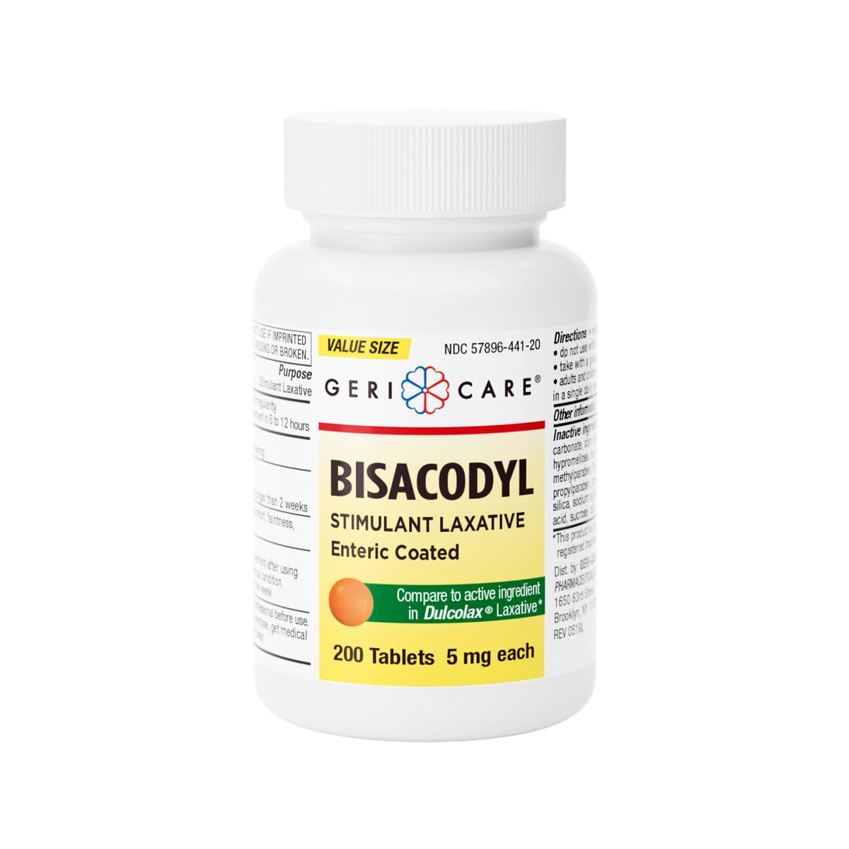 GeriCare Bisacodyl 5mg con revestimiento entérico para alivio rápido del estreñimiento.