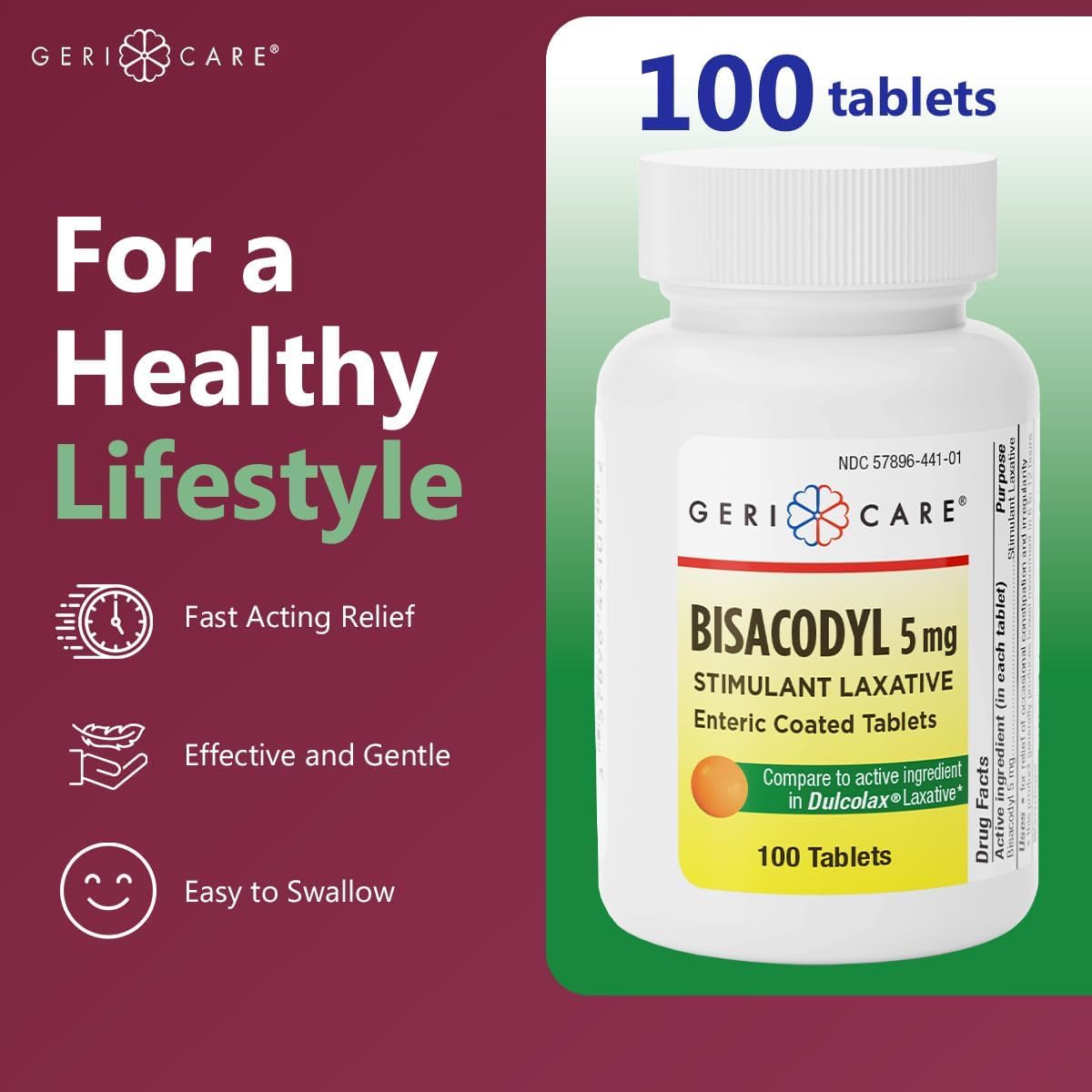 GeriCare Bisacodyl empaque 100 tabletas facilita suministro confiable en casa.