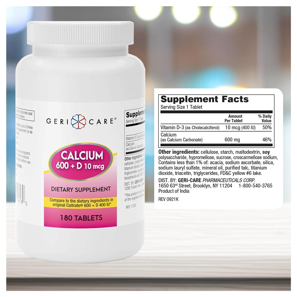 Etiqueta nutricional de GeriCare Calcio 600 mg con vitamina D