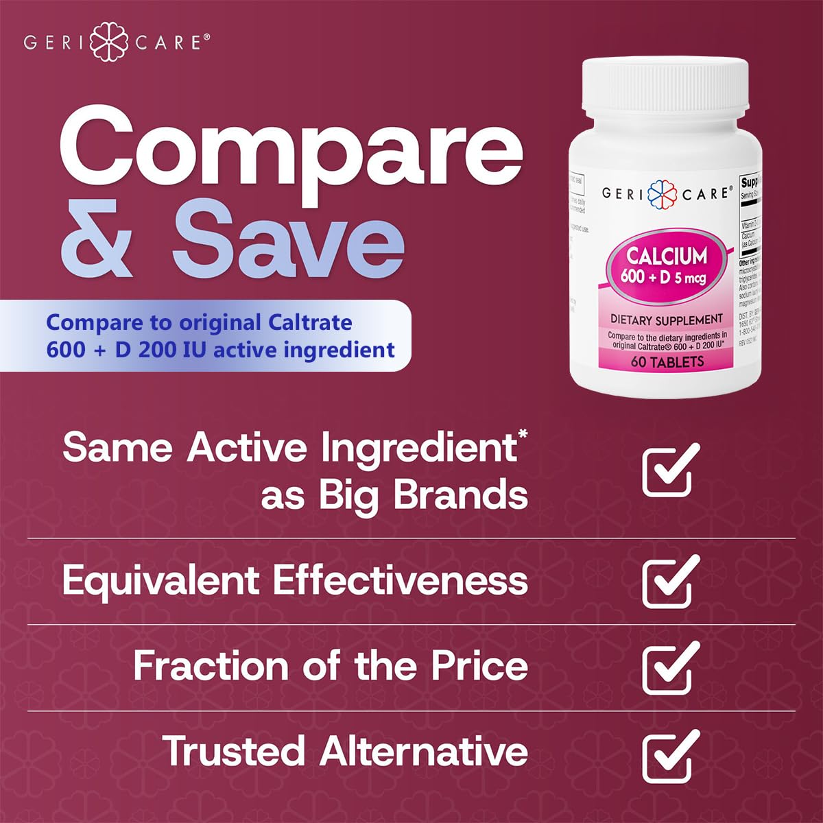 GeriCare Calcium 600mg, caja externa con información del producto.
