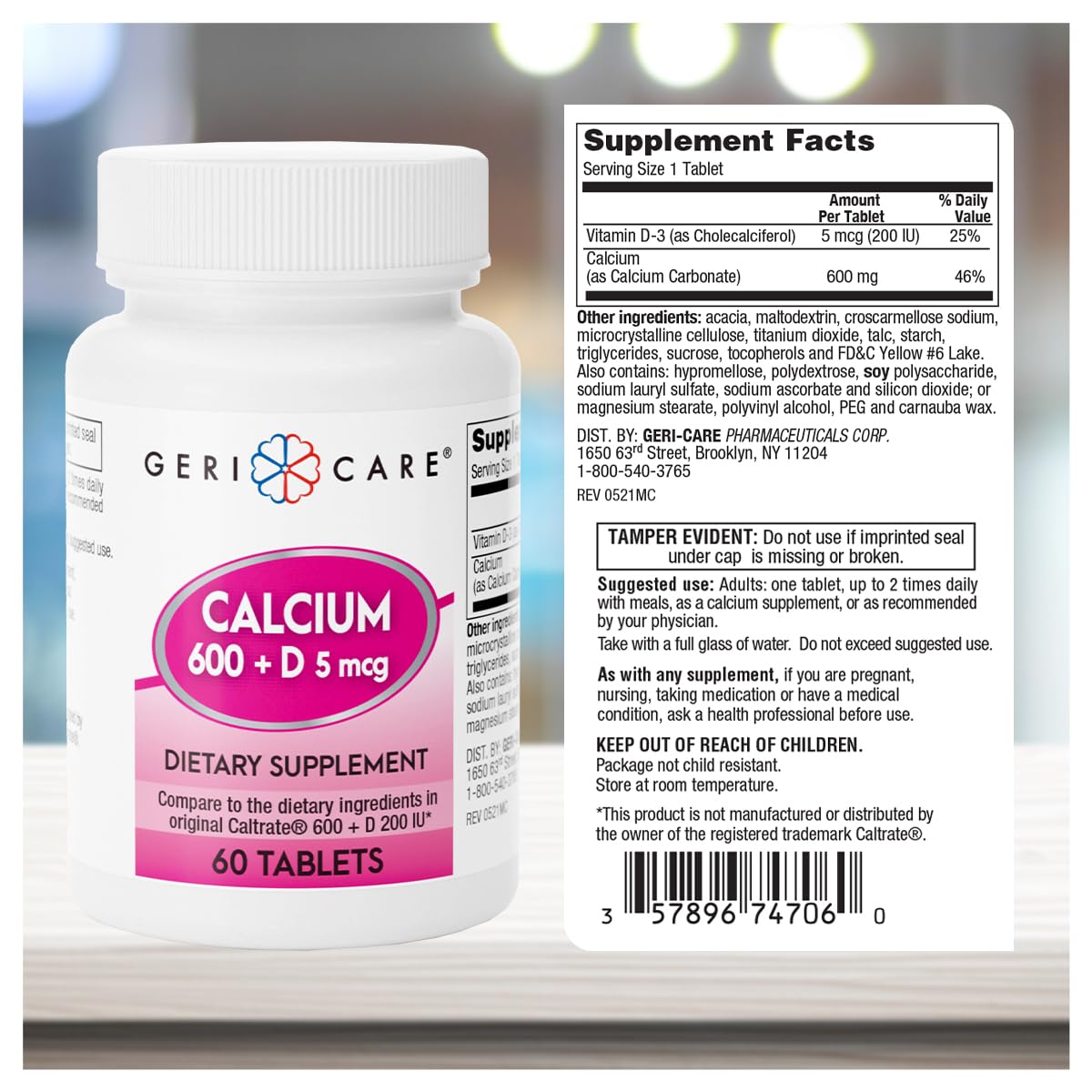 GeriCare Calcium 600mg, detalle de la tableta para fácil deglución.
