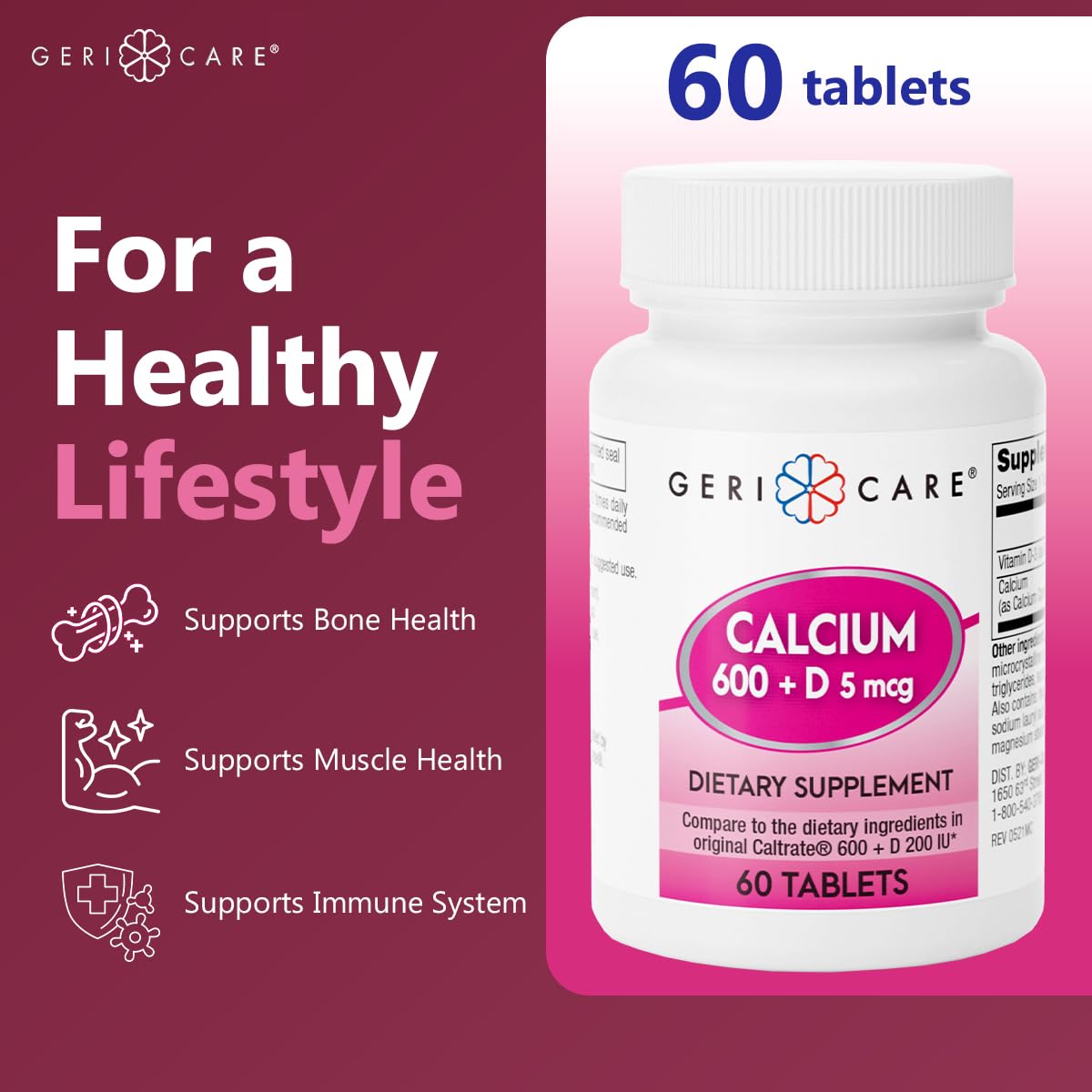 GeriCare Calcium 600mg, vista frontal de la botella para fácil acceso.