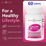 GeriCare Calcium 600mg, vista frontal de la botella para fácil acceso.