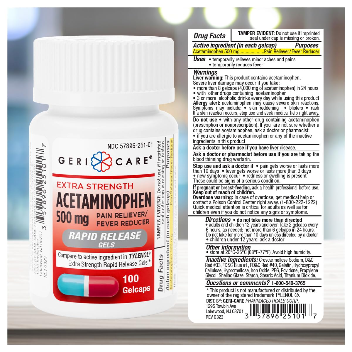 Cápsula de acetaminofén 500 mg de GeriCare para molestias.
