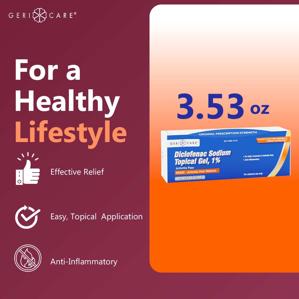 GeriCare gel diclofenaco 1% para muñeca, alivio focal y movilidad.